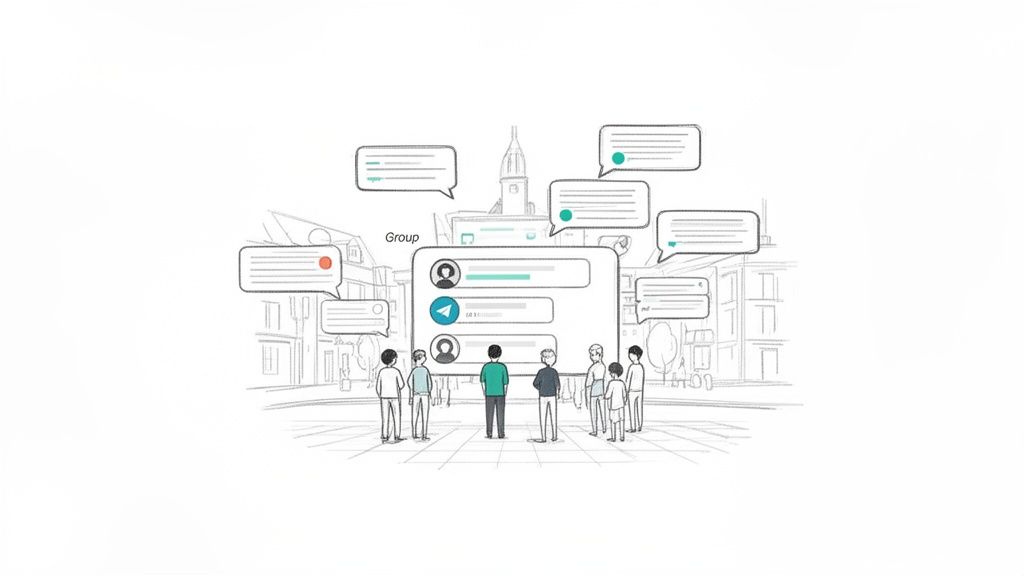 A group of people surrounding a large 'Group' chat interface with multiple message bubbles.