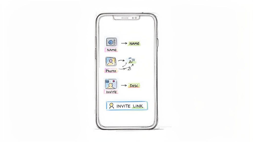 A hand-drawn sketch of a smartphone screen showing steps to set up a group chat, including name, photo, and invite link.