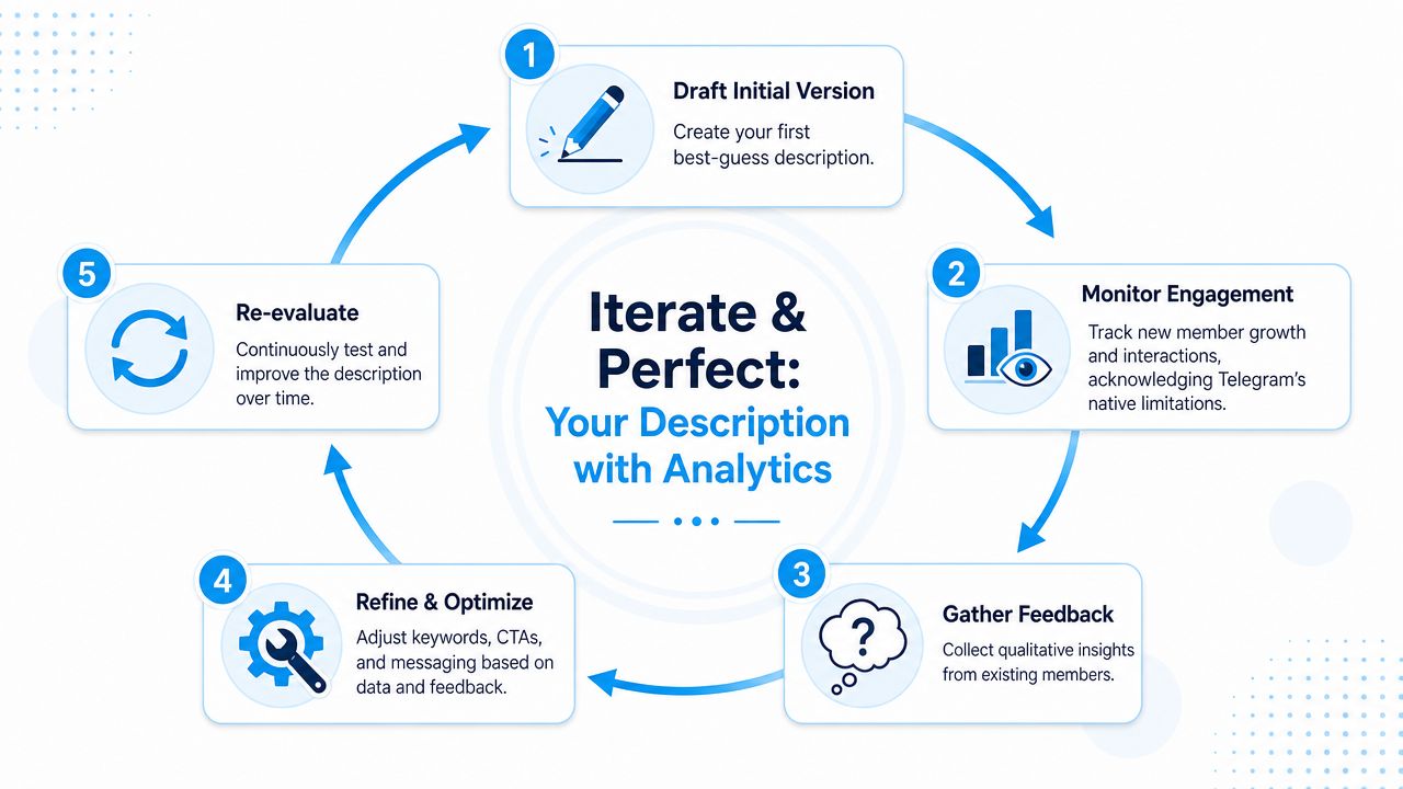 A circular infographic illustrating a five-step process to iterate and perfect Telegram group descriptions using analytics.