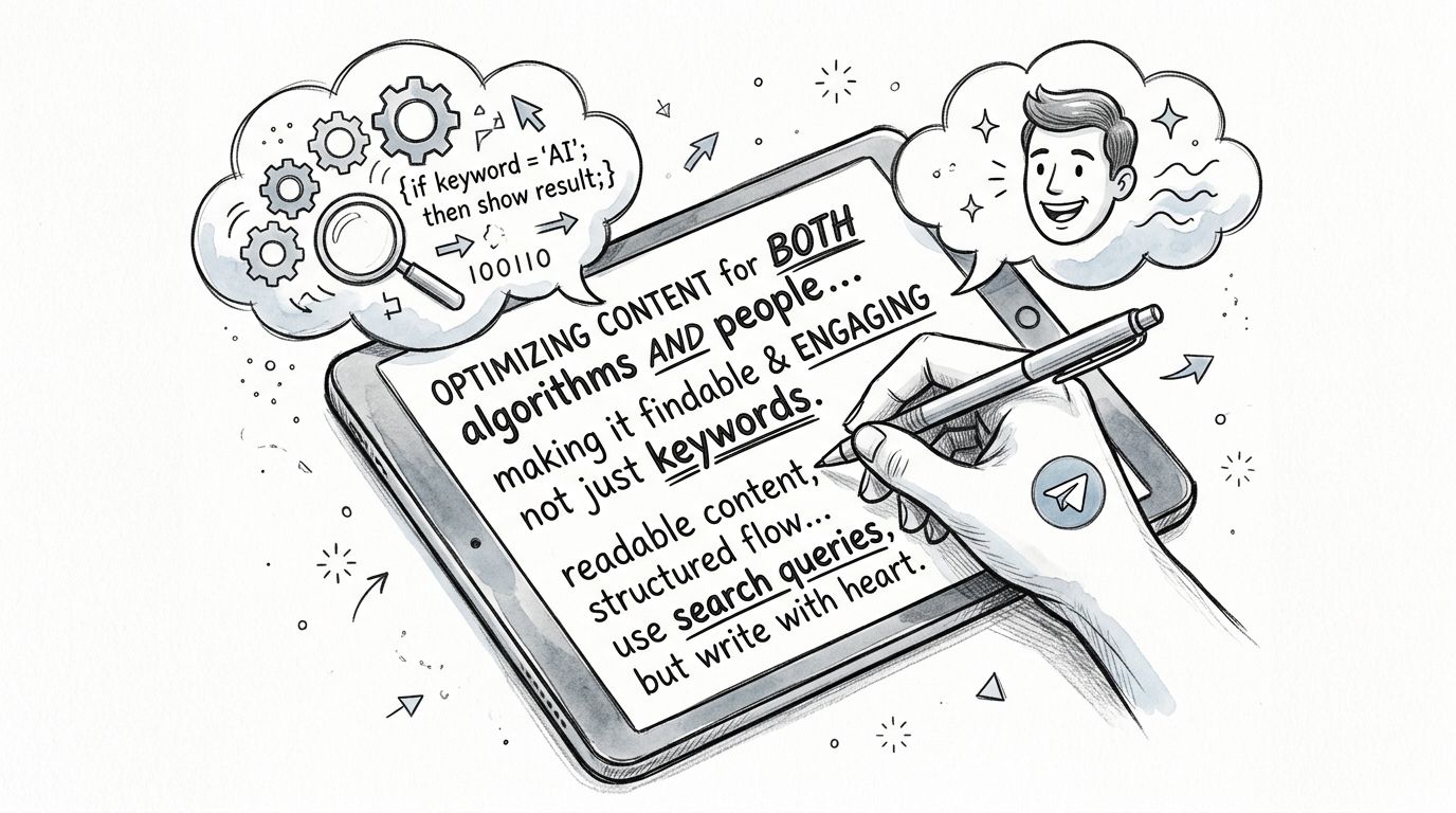 A hand writes on a tablet about optimizing content for both search algorithms and human readers.