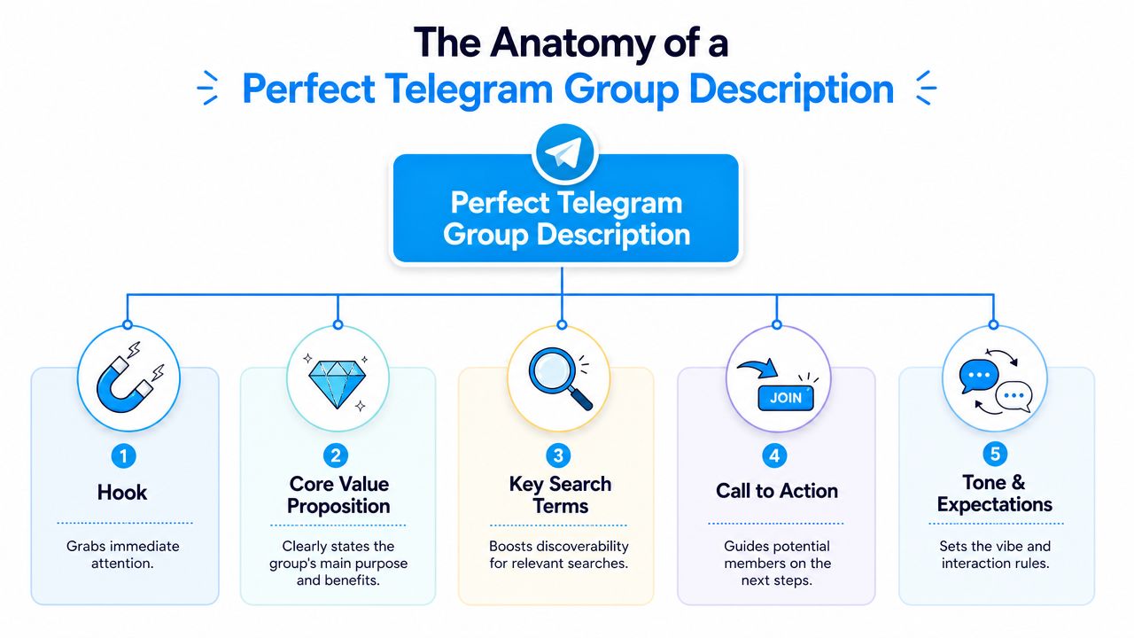A diagram outlining the five key elements for creating a perfect Telegram group description for community engagement.
