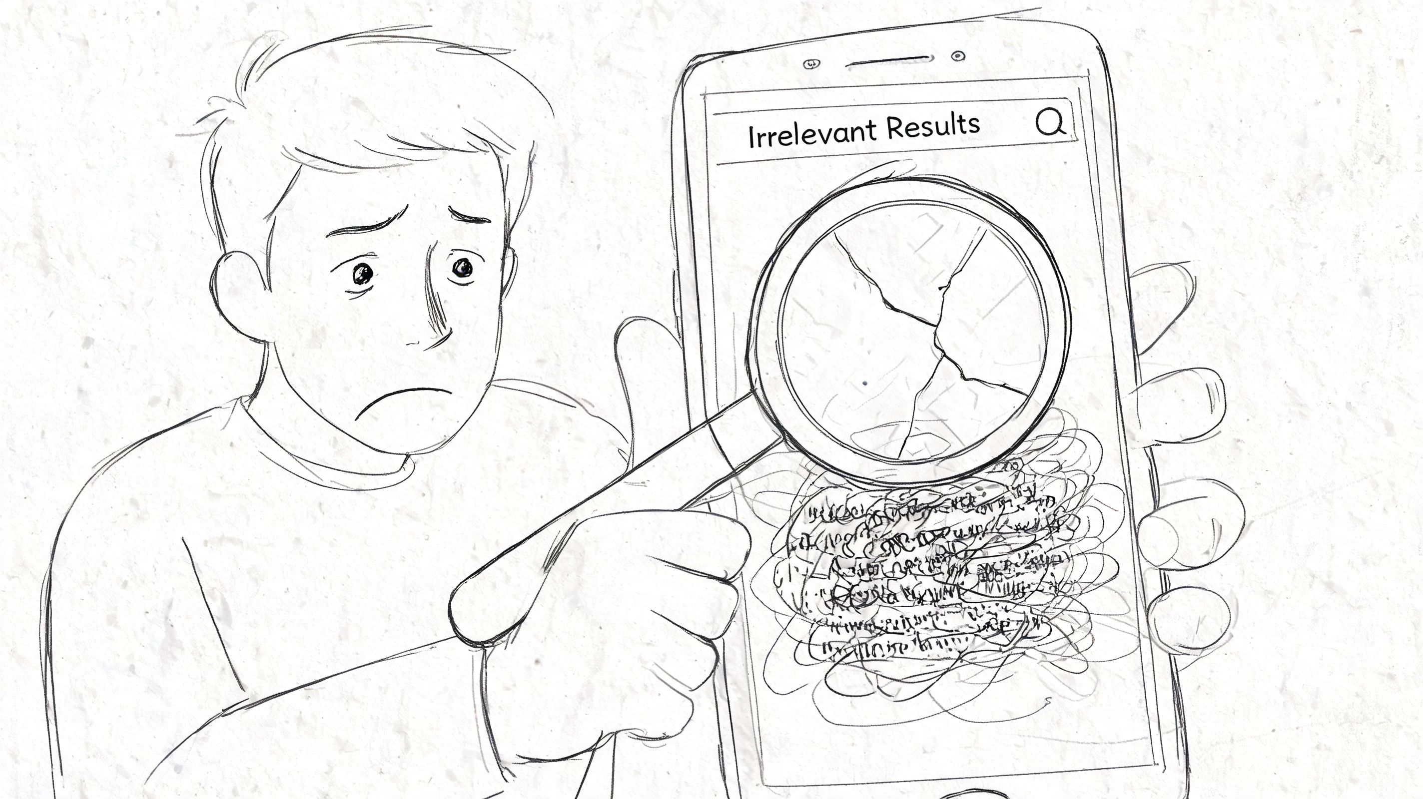 A line drawing of a person feeling frustrated while using a magnifying glass to search on a smartphone.