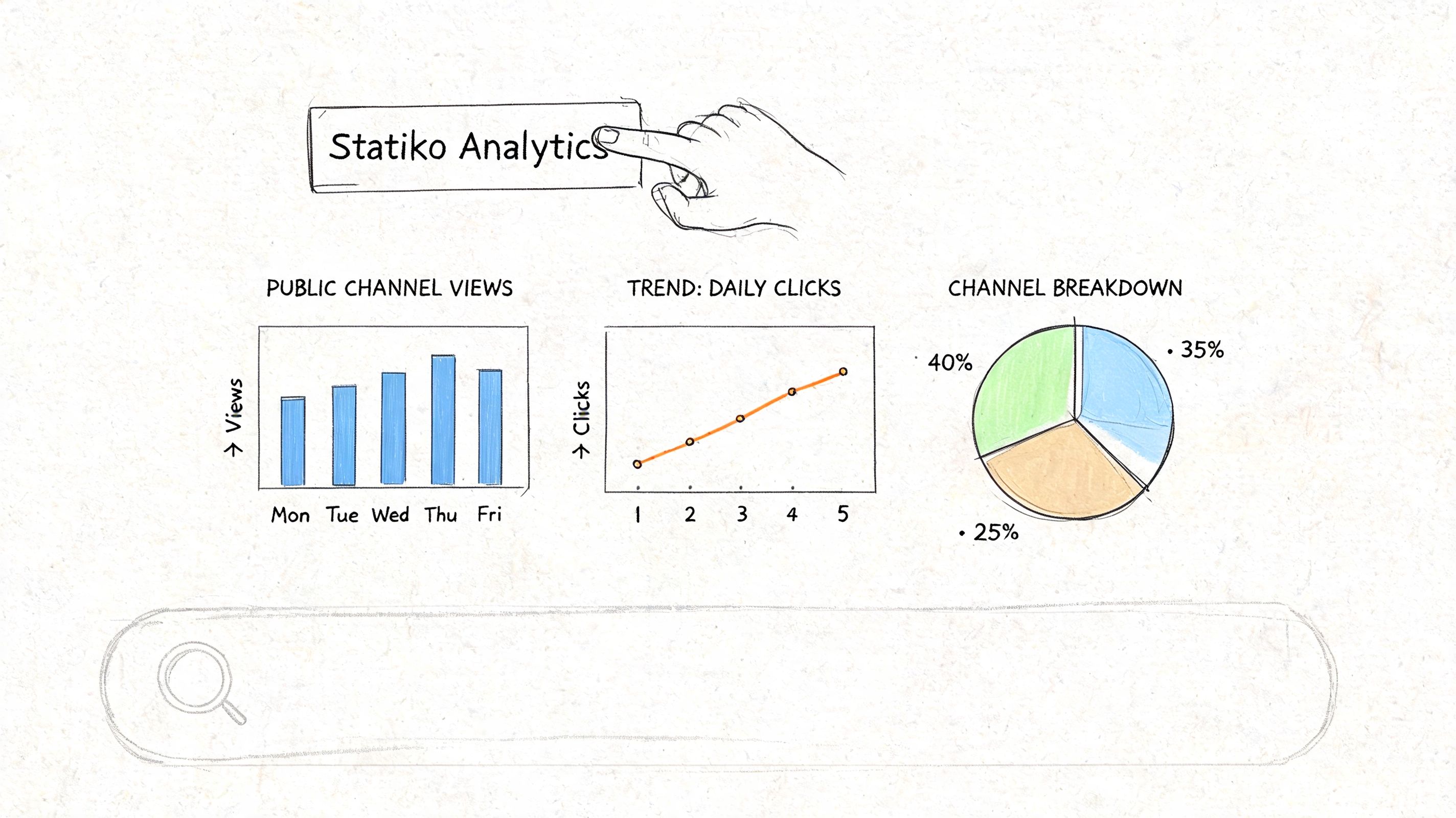 A hand-drawn illustration depicting a search interface titled Statiko Analytics with data charts and a search bar.