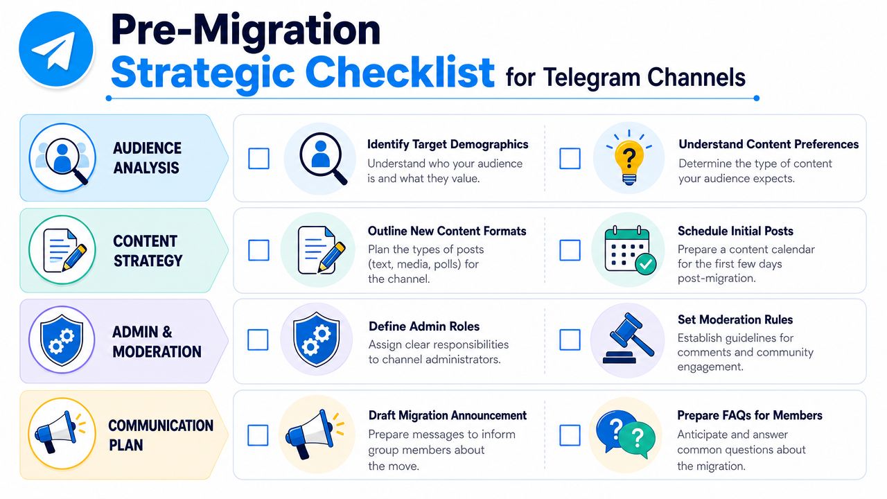 A strategic checklist for migrating a group to a Telegram channel, organized by audience, content, and management.