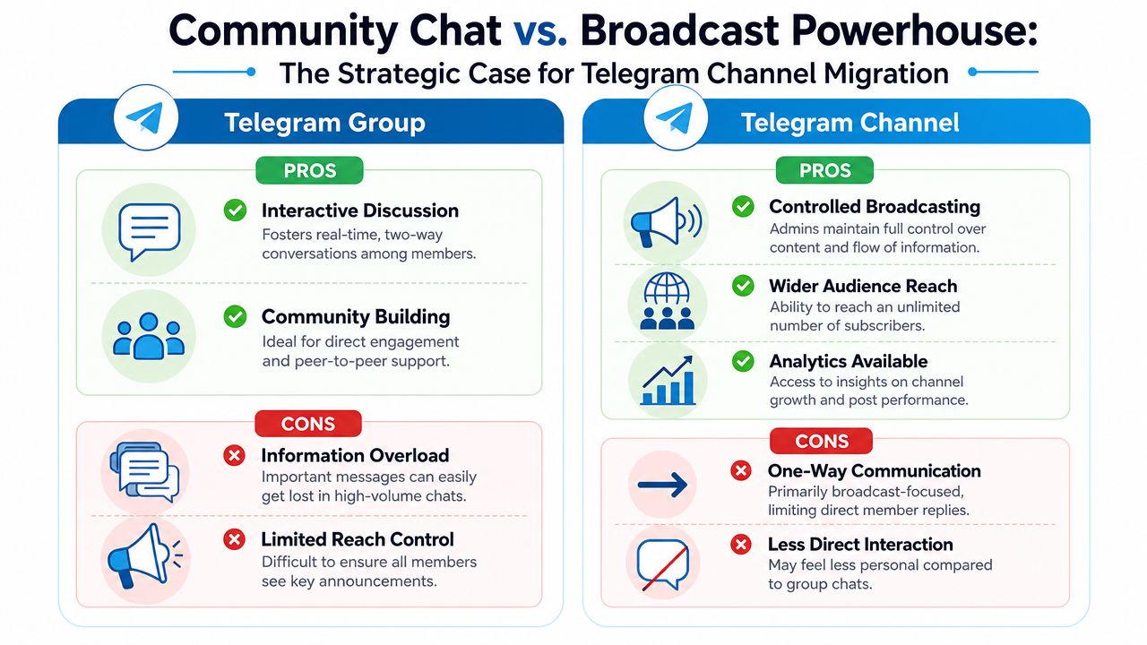 A comparison infographic between Telegram groups and channels highlighting their respective pros and cons for community engagement.