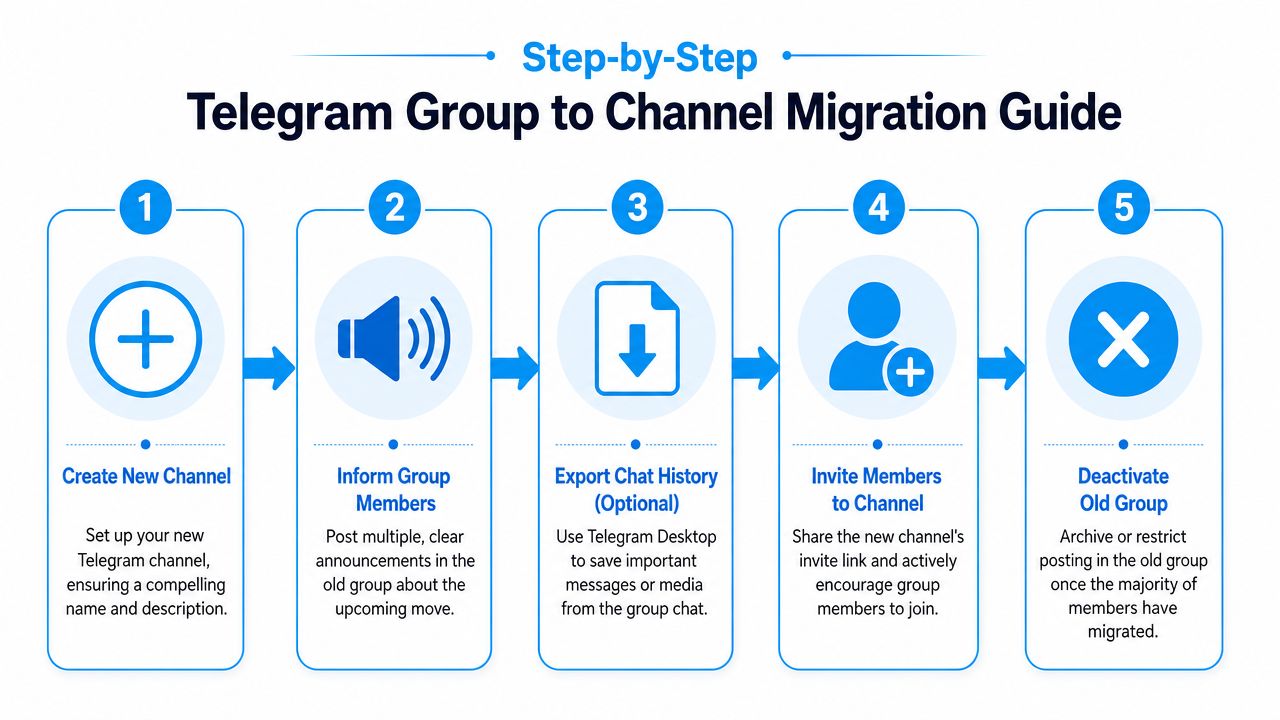 A step-by-step infographic showing how to migrate members from a Telegram group to a new channel.