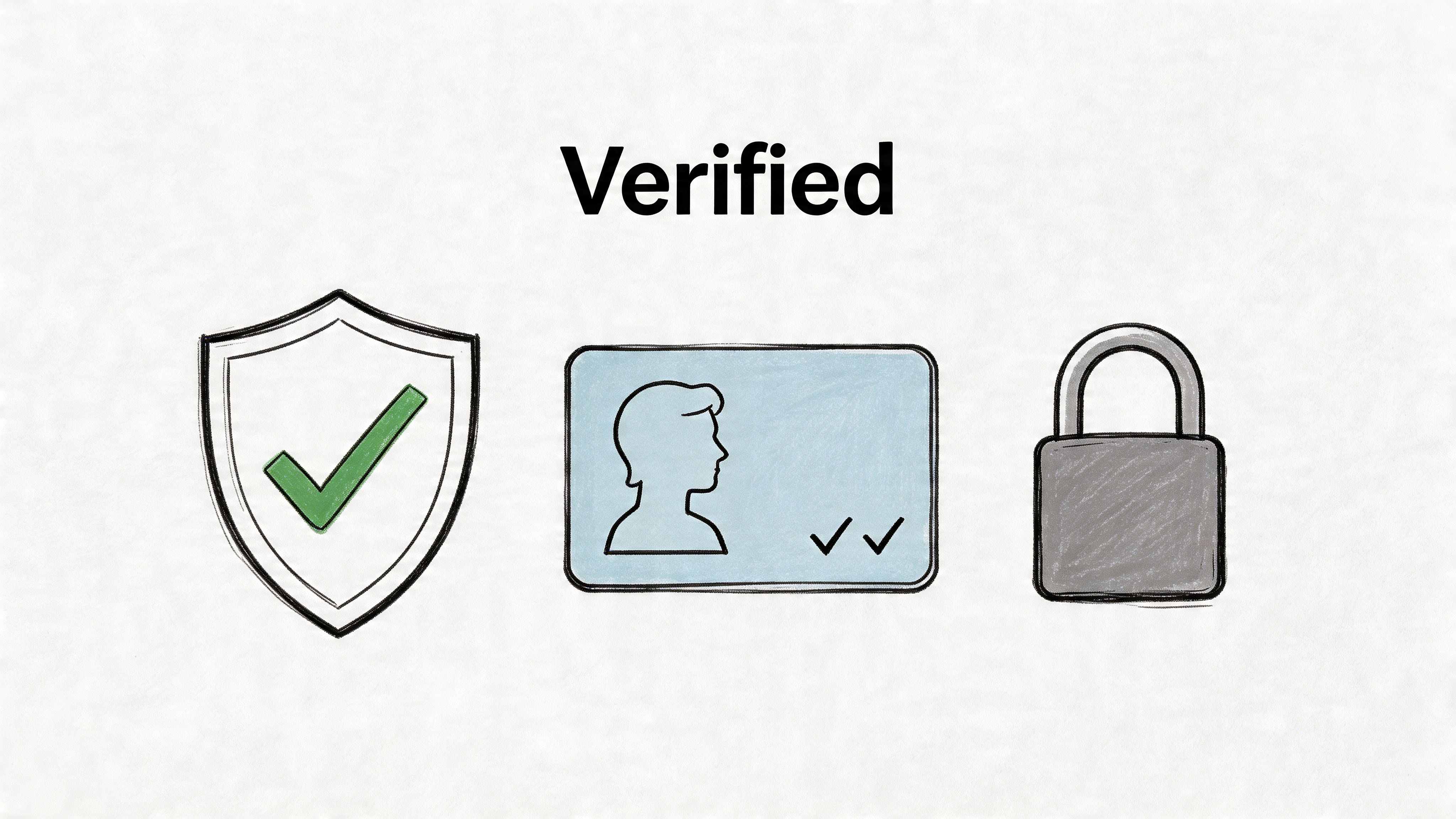 A hand-drawn illustration showing a shield, an identity card, and a padlock representing account verification.