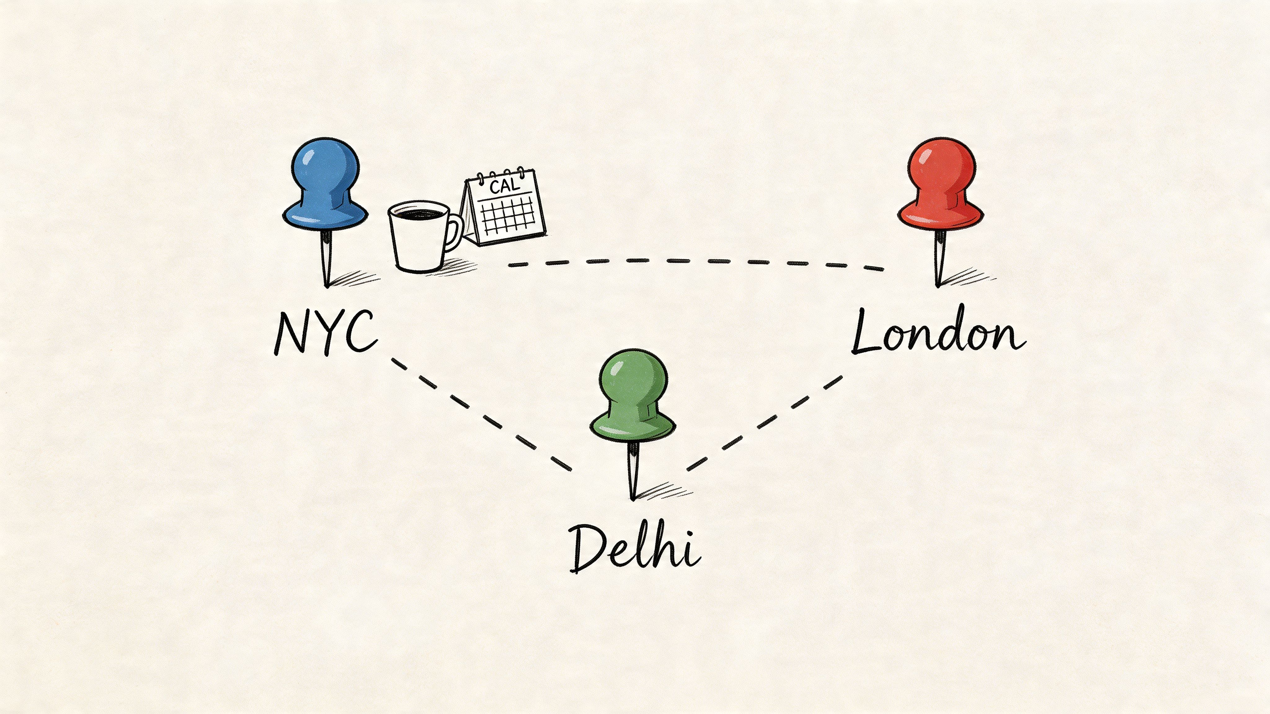 A conceptual illustration showing three push pins connecting NYC, London, and Delhi with icons for communication.