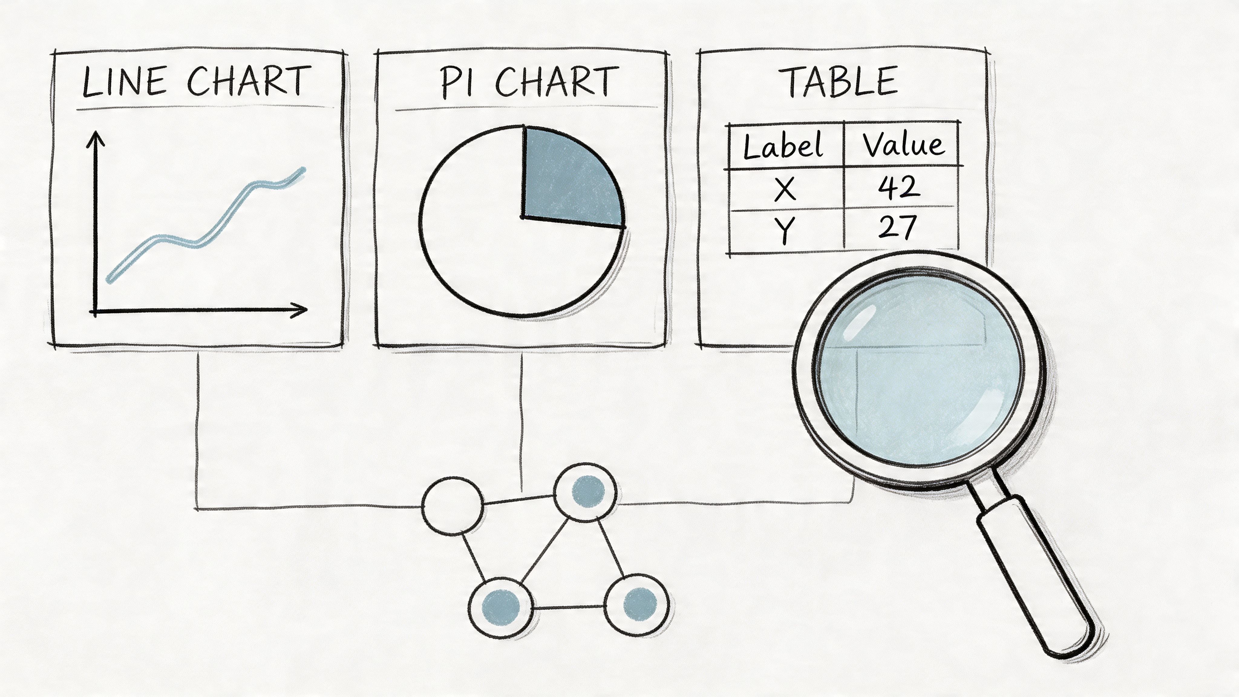 A hand-drawn illustration showing a line chart, a pie chart, and a data table linked to a network.