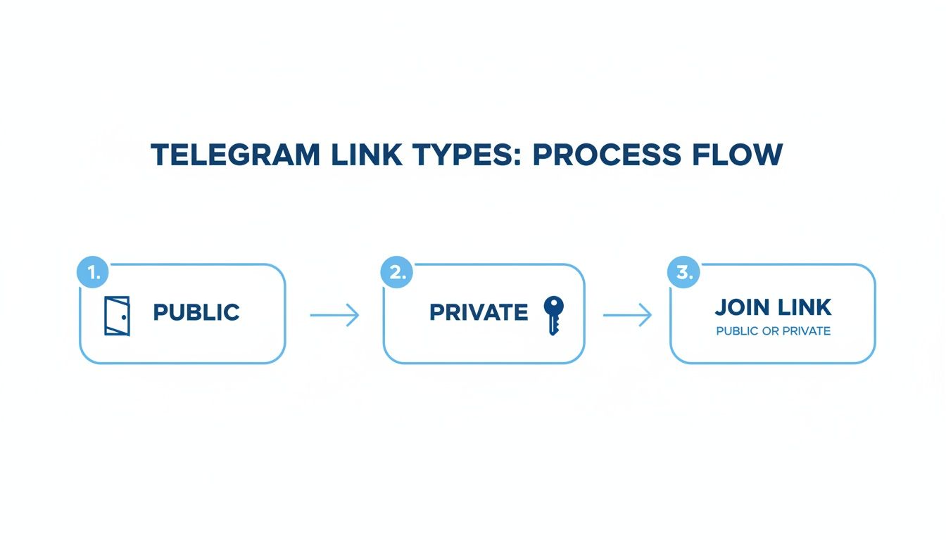 A process flow diagram illustrating Telegram link types: Public, Private, and Join Link options.