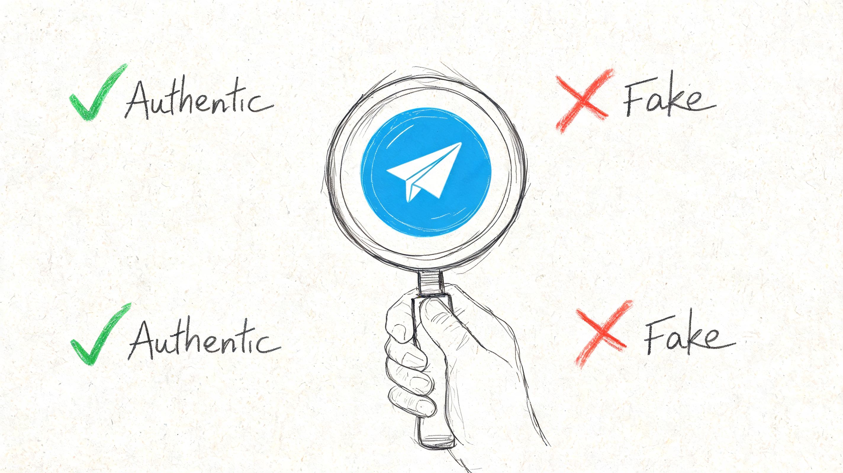 A hand holding a magnifying glass over a Telegram logo to distinguish between authentic and fake accounts.