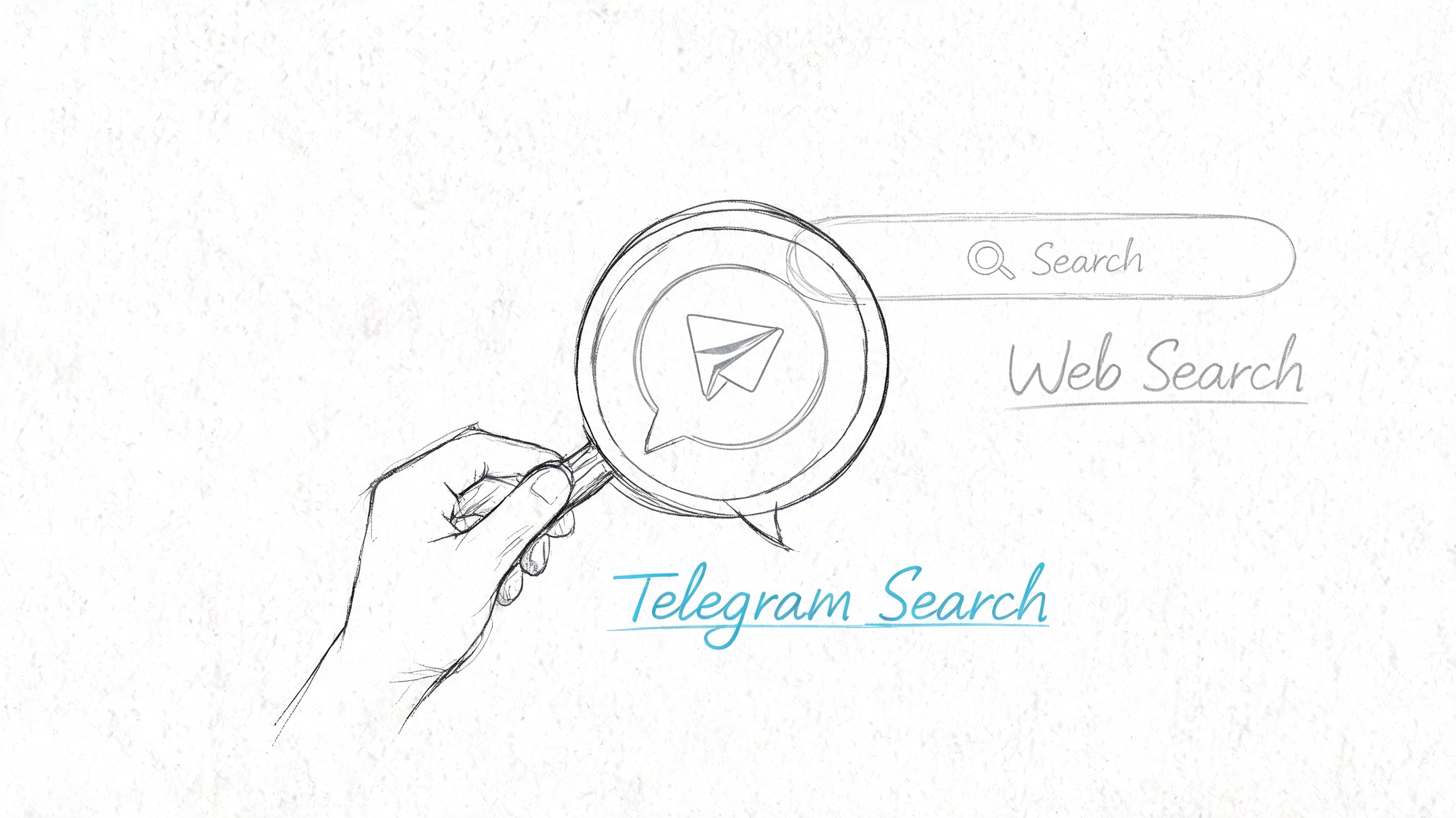 A hand holding a magnifying glass over a Telegram logo with web search text on a white background.