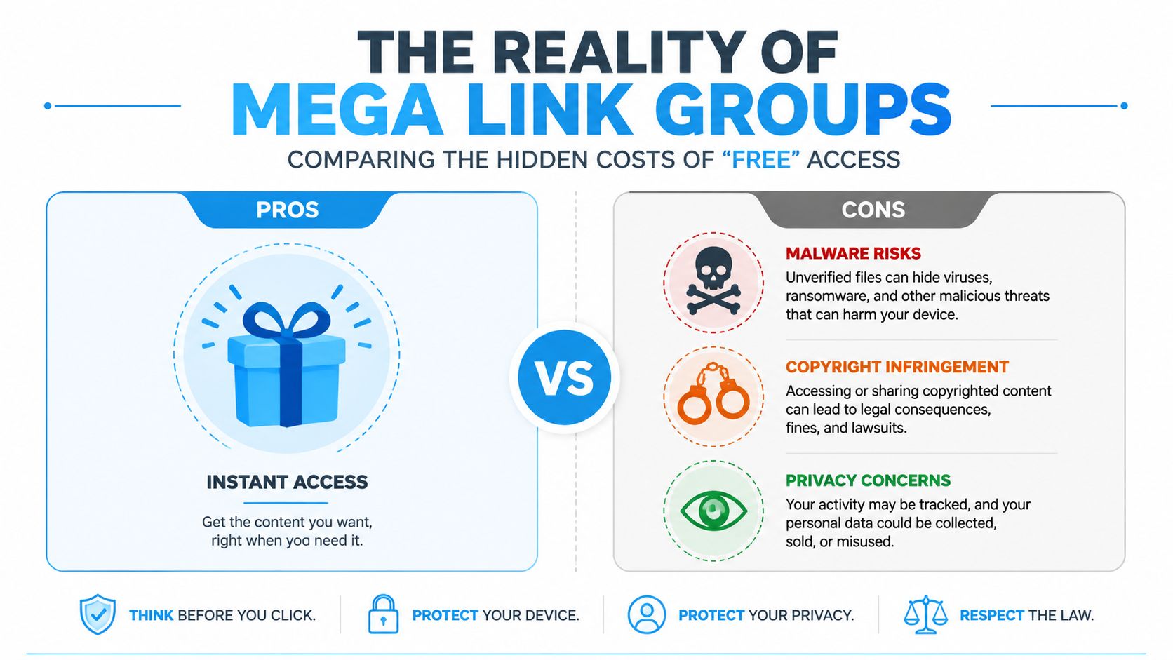 An infographic comparing the pros and cons of using Mega link groups for accessing online content.