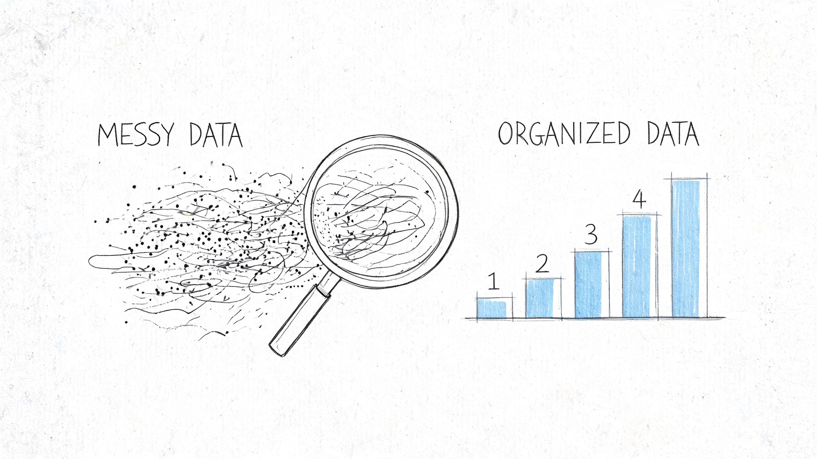 A hand-drawn illustration showing messy data being sorted through a magnifying glass into organized bar charts.