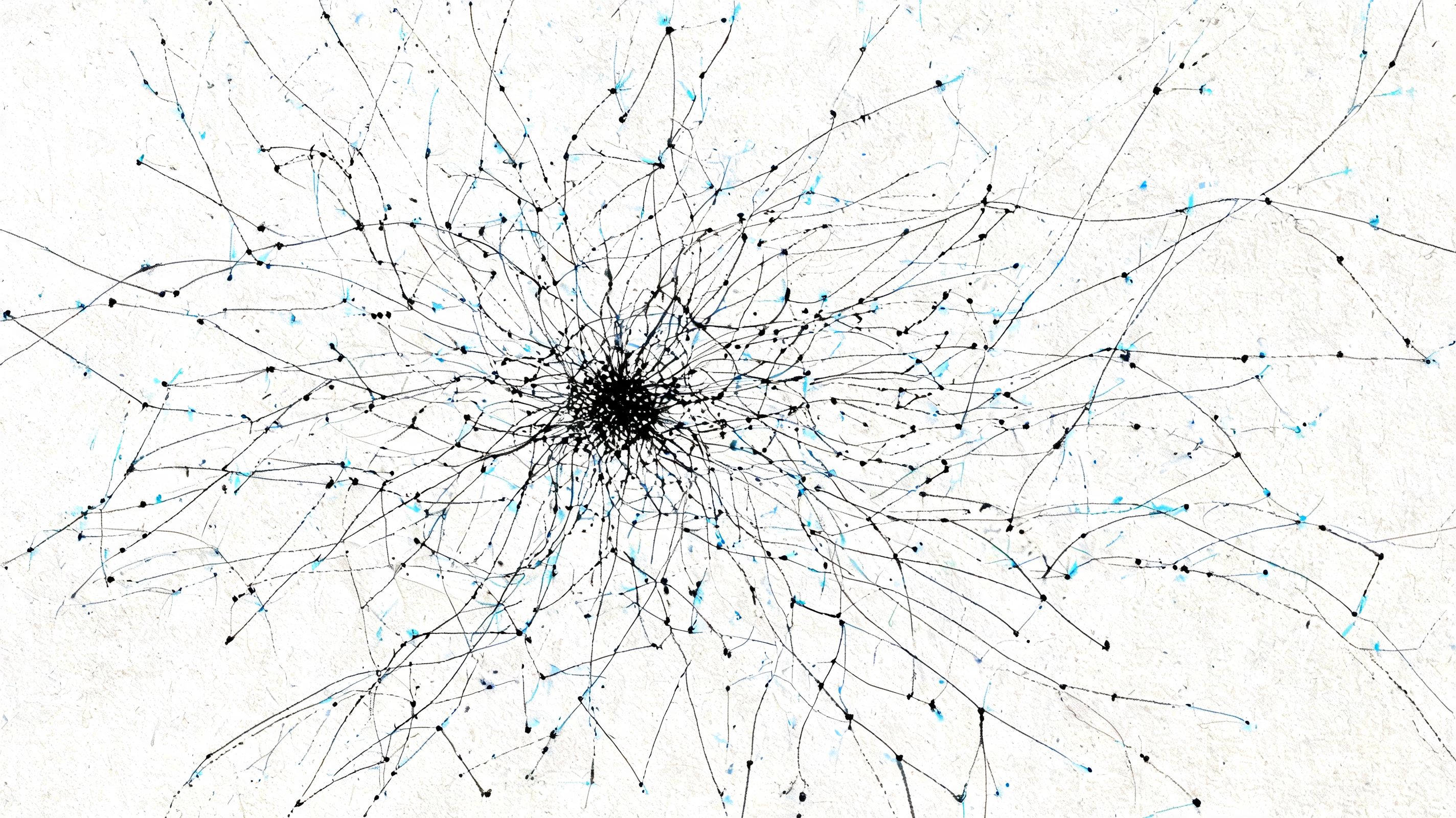 An abstract ink drawing featuring thin black lines radiating from a dense central cluster on paper.