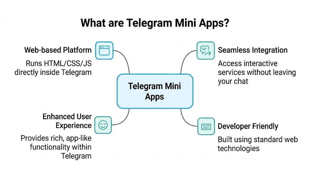 A diagram explaining Telegram Mini Apps with four key features: Web-based platform, seamless integration, enhanced user experience, and developer friendly.