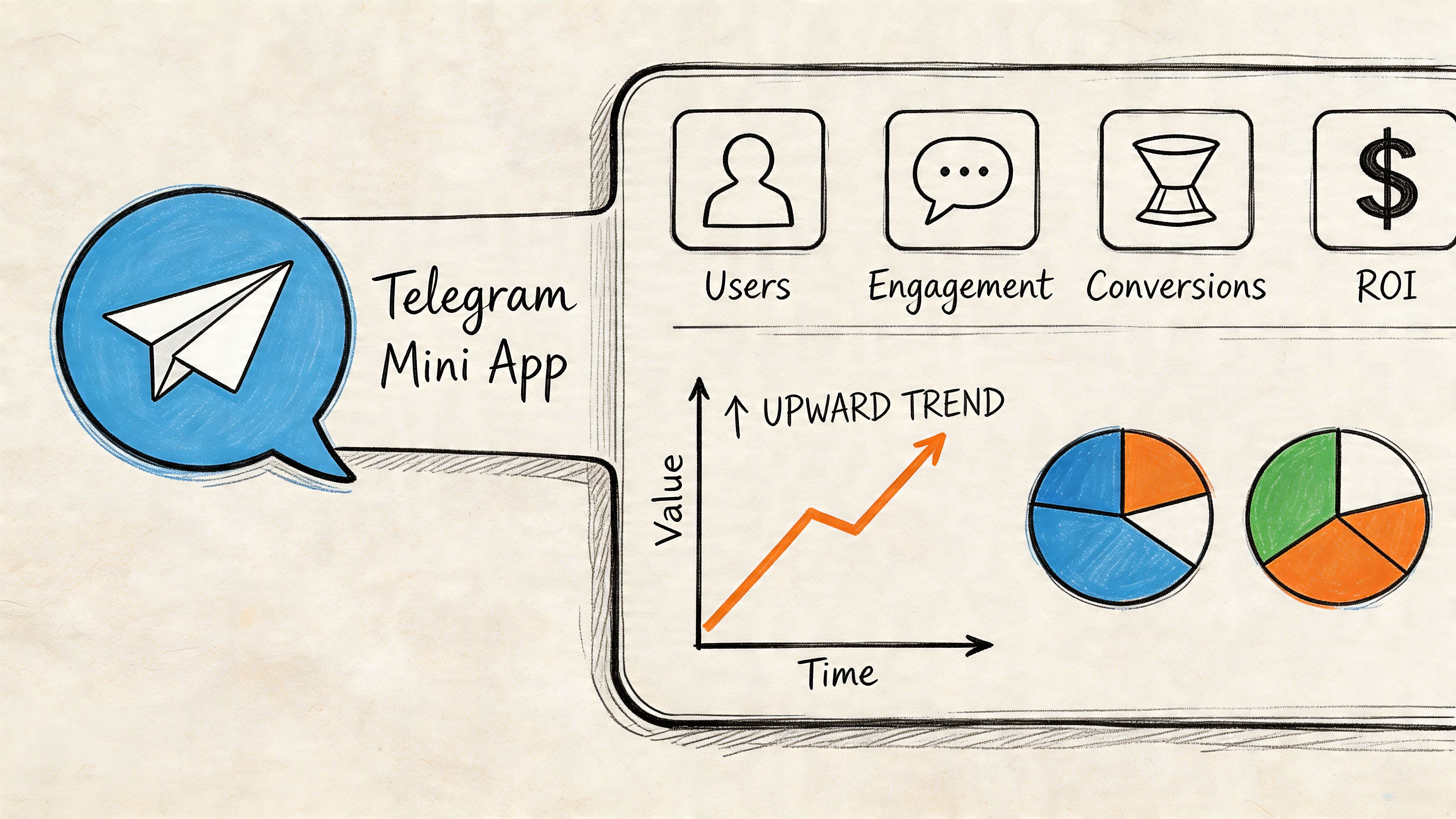 A hand-drawn illustration showing the benefits of Telegram Mini Apps with growth charts and business icons.