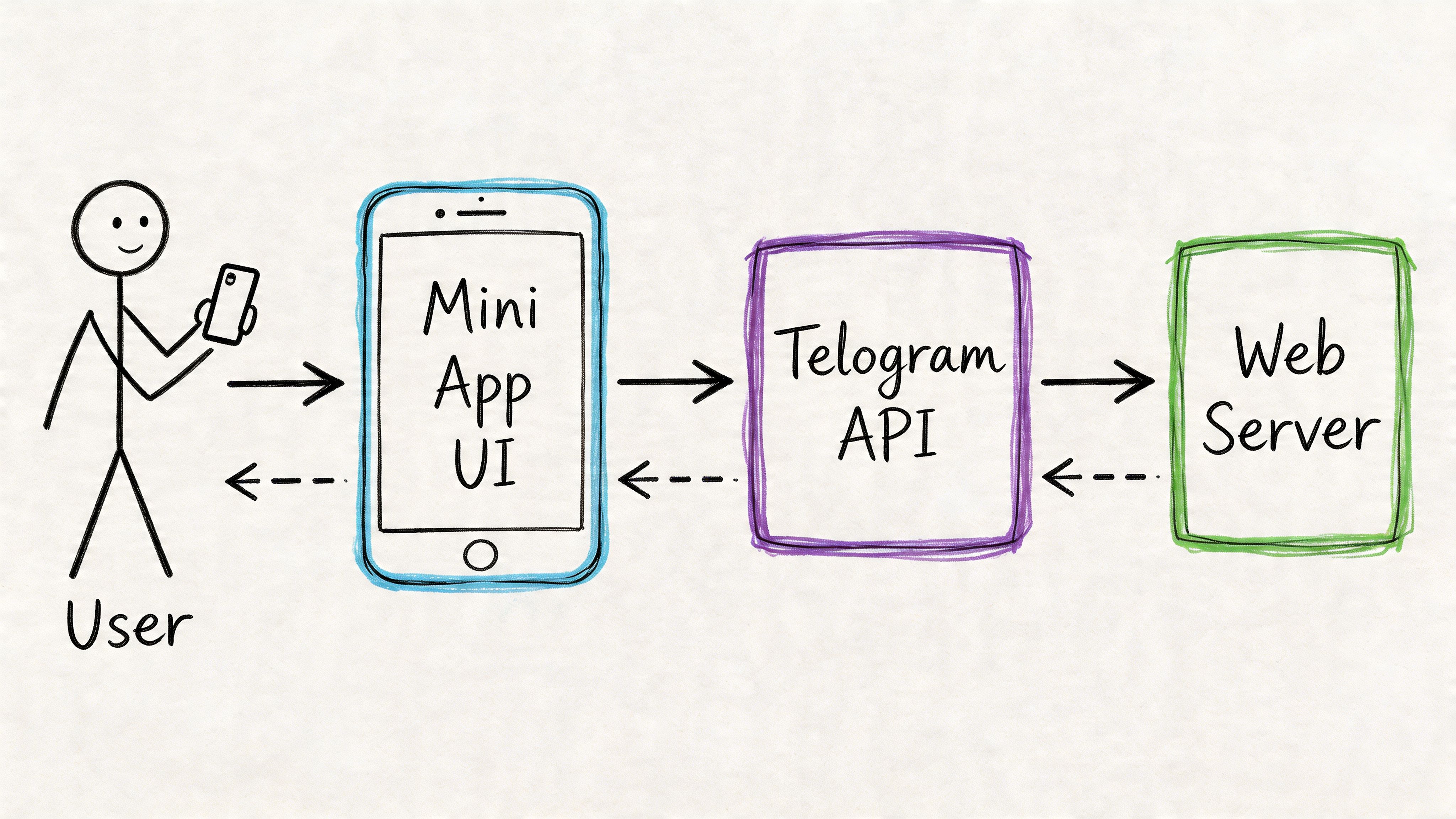 A diagram illustrating the architectural workflow between a user, Telegram Mini App, Telegram API, and a web server.
