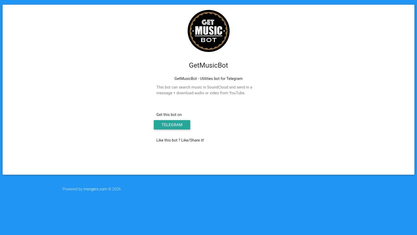 GetMusicBot (public utility bot landing page)