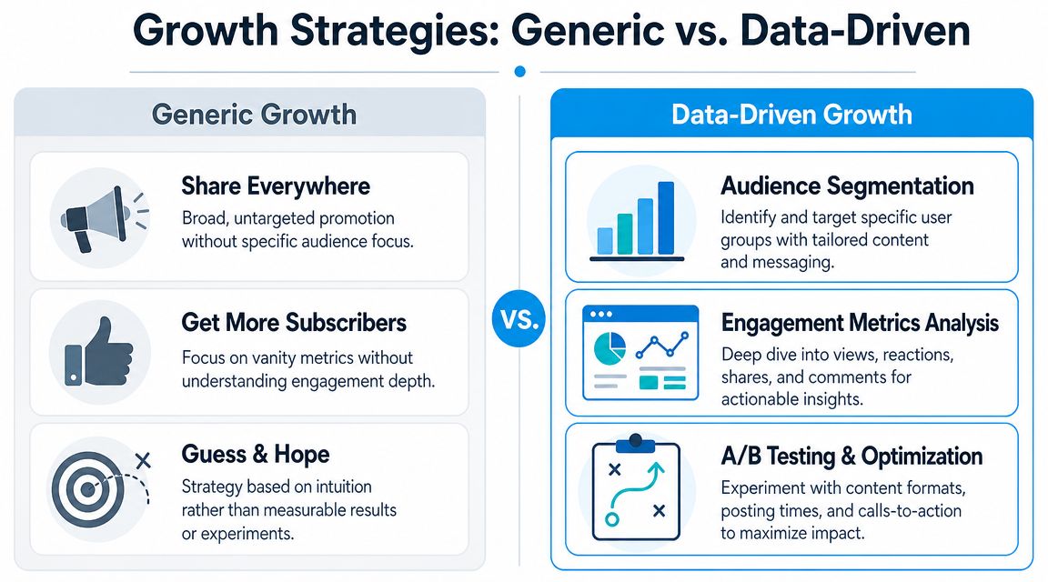 A comparison chart showing the differences between generic growth strategies and data-driven growth strategies for marketing.