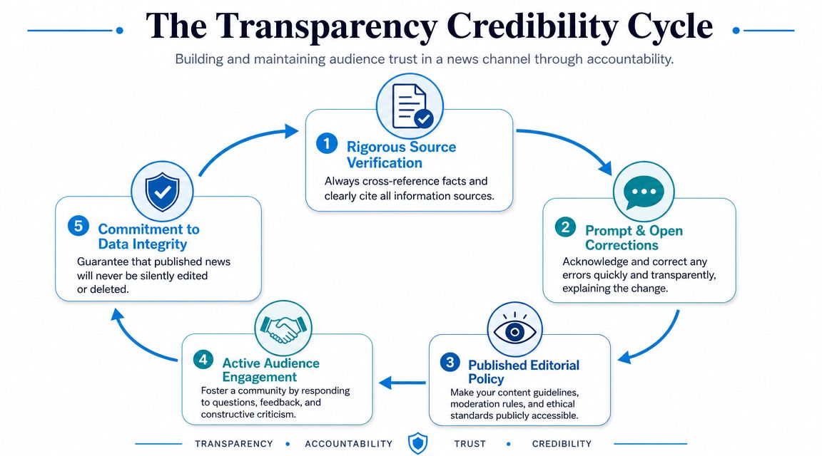 A diagram illustrating the five-step transparency credibility cycle for building trust in a news channel through accountability.