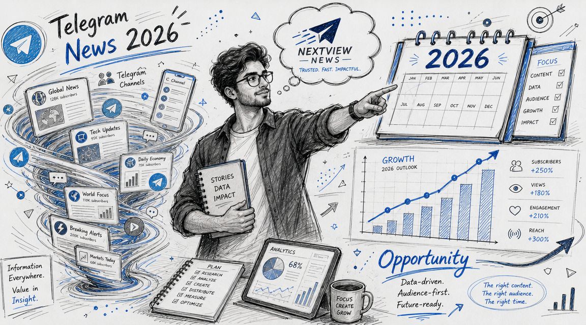 A man pointing at a 2026 calendar while analyzing telegram news channel growth and data analytics visualizations.