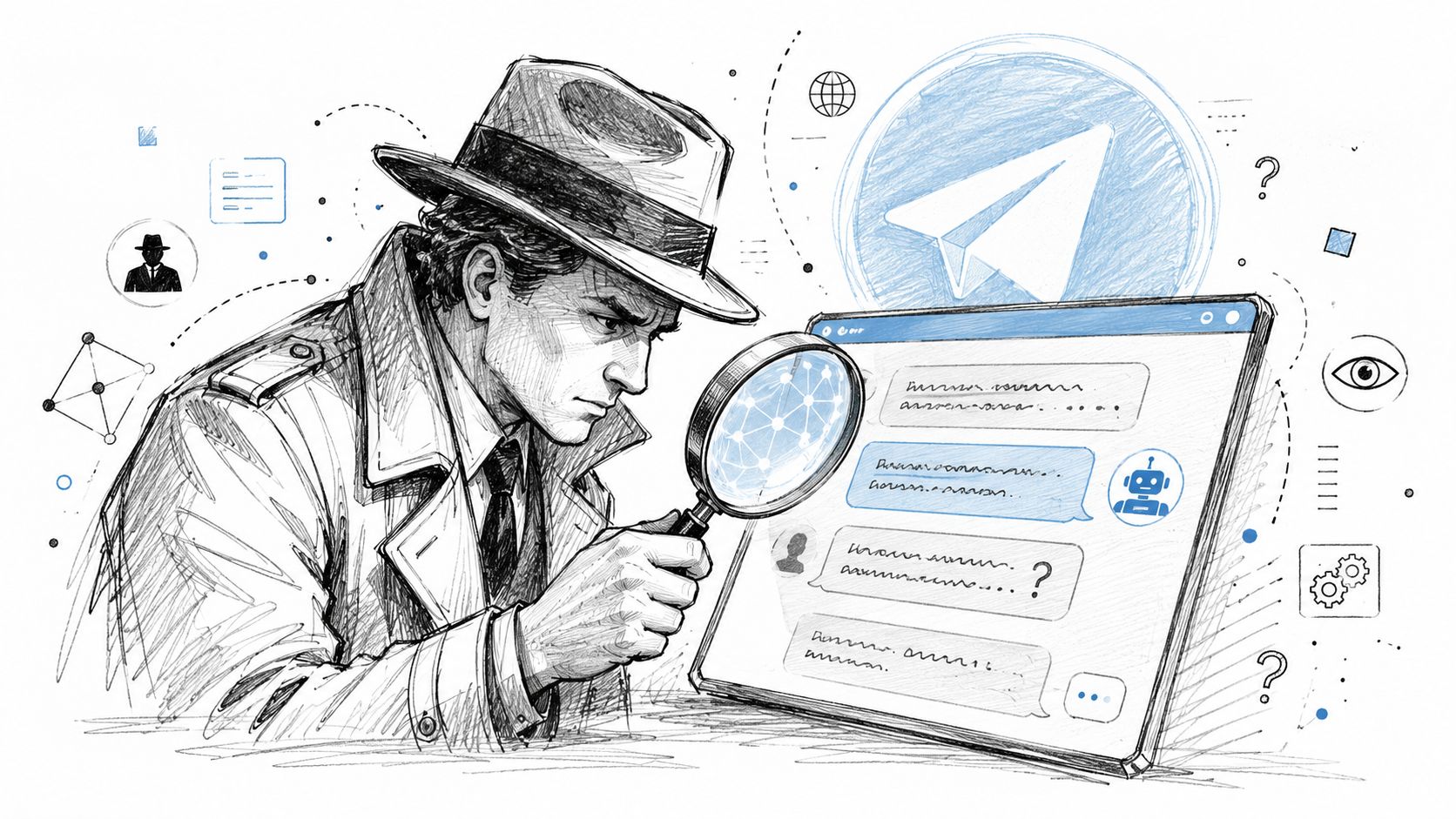 A detective examines digital communications and bot activity on a tablet computer with a Telegram icon background.