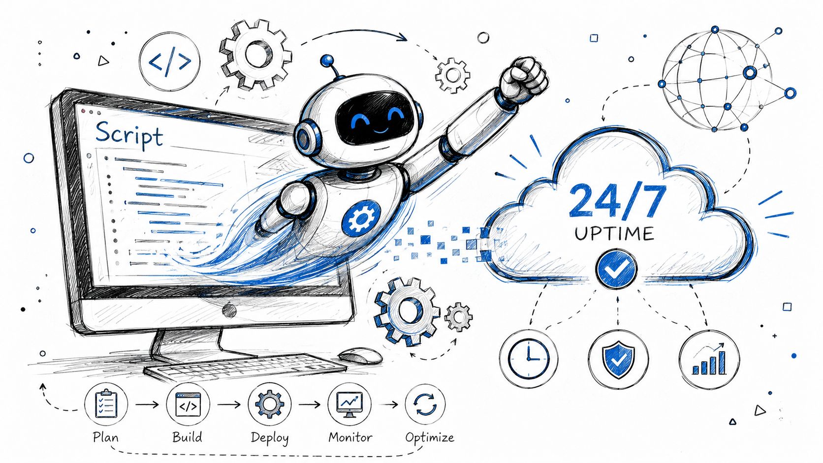 A friendly robot emerging from a computer screen, representing automation, cloud uptime, and software development workflows.