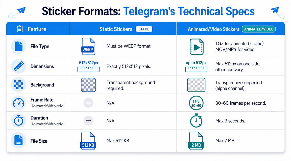 A table comparing the technical specifications and file requirements for Telegram static, animated, and video stickers.