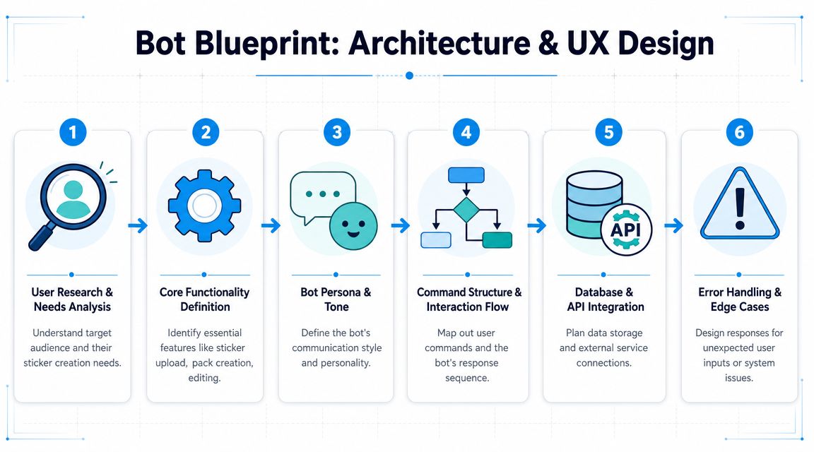 A six-step infographic titled Bot Blueprint for designing architecture and UX for a telegram sticker bot.