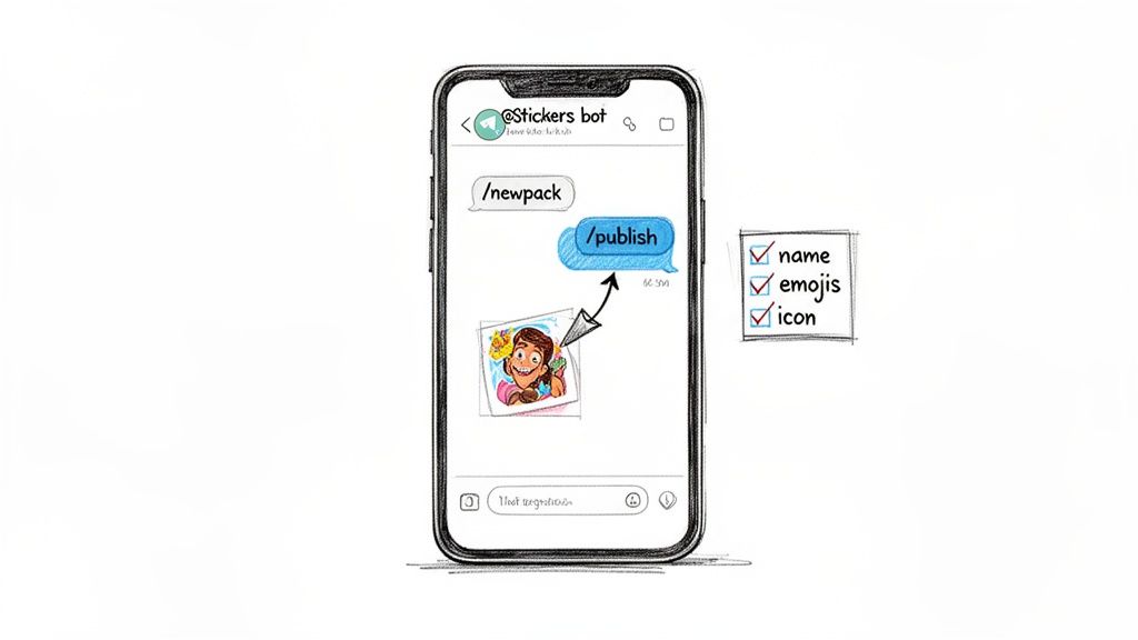 A hand-drawn smartphone shows a Telegram bot chat, demonstrating sticker pack creation and publishing steps.