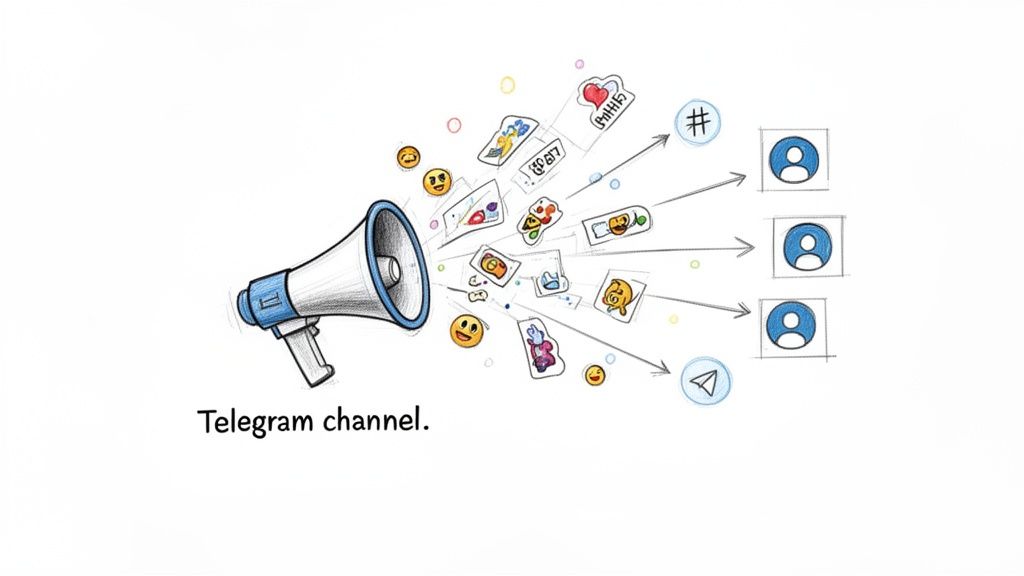 A megaphone broadcasting stickers and emojis, symbolizing a Telegram channel reaching users.