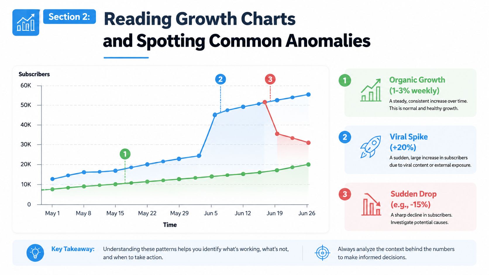 A growth chart illustrating subscriber trends including organic growth, viral spikes, and sudden drops in metrics.