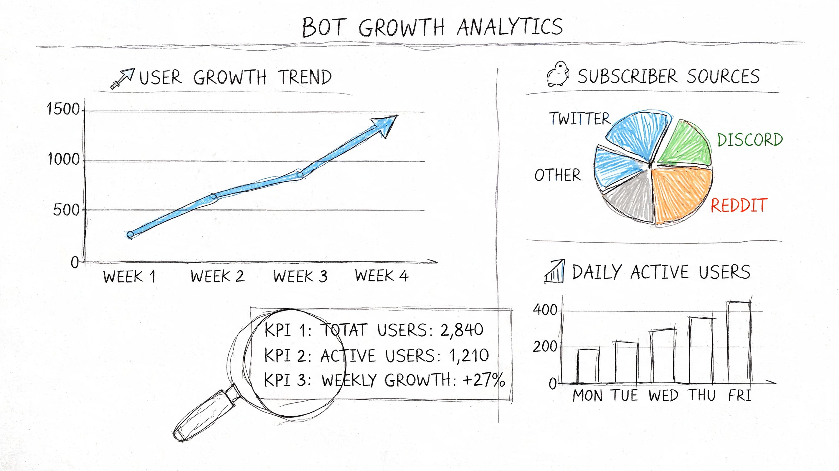 A hand-drawn infographic titled Bot Growth Analytics showing user trends, subscriber sources, and daily active users.