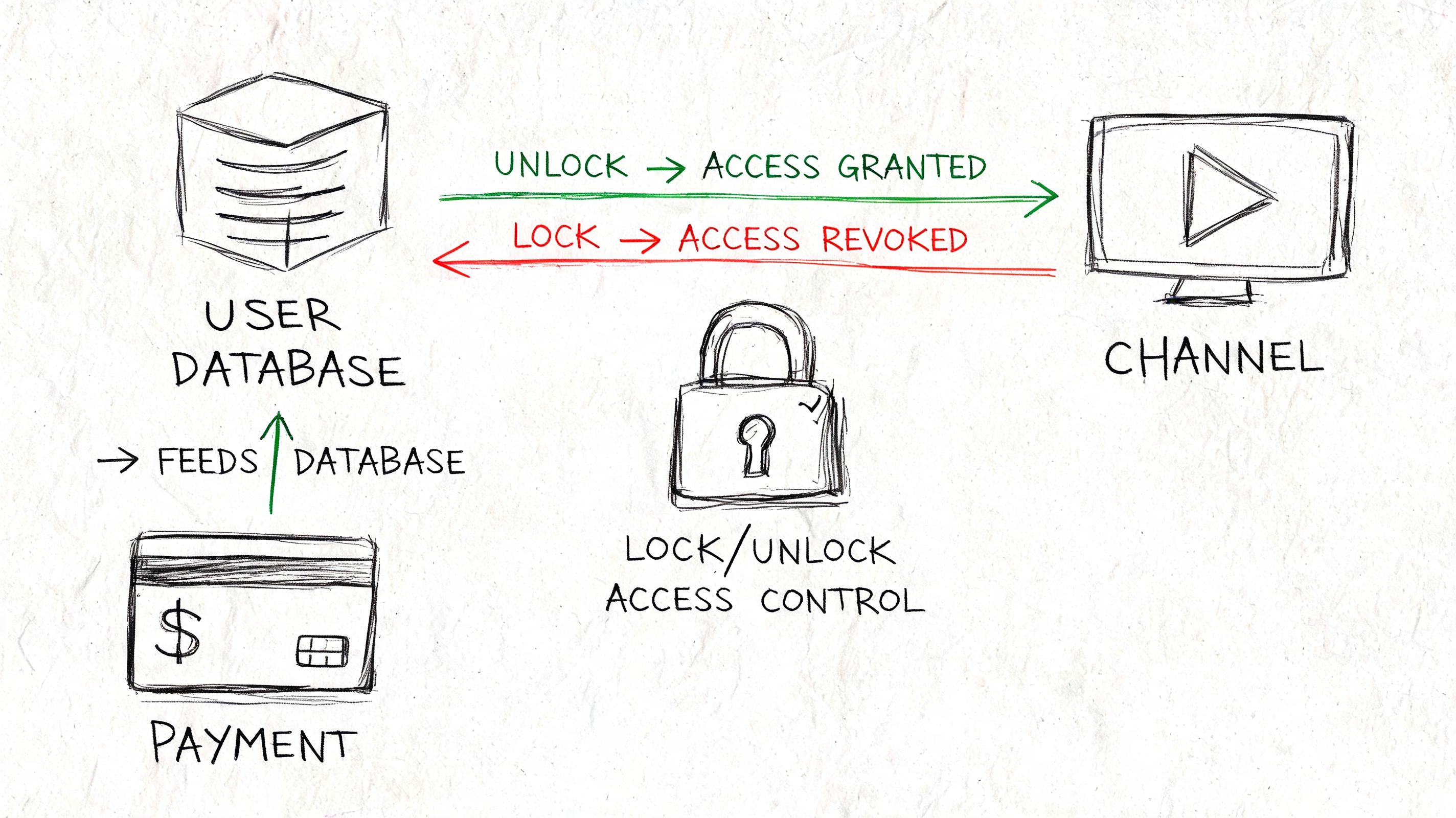 A hand-drawn flowchart illustrating how a payment triggers user database access control for a video channel.