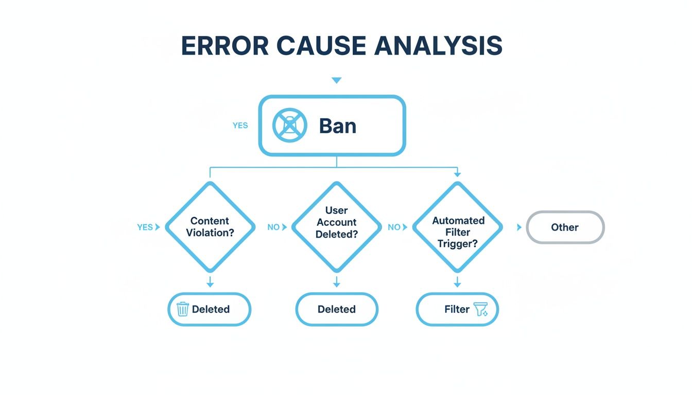 Flowchart illustrating error cause analysis for a ban, examining content violation, user account deletion, and automated filter triggers.