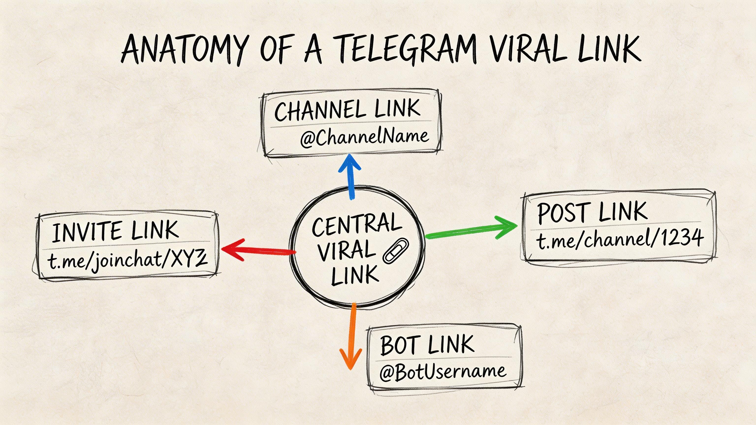 A diagram illustrating the anatomy of a Telegram viral link with various connection types and labels.