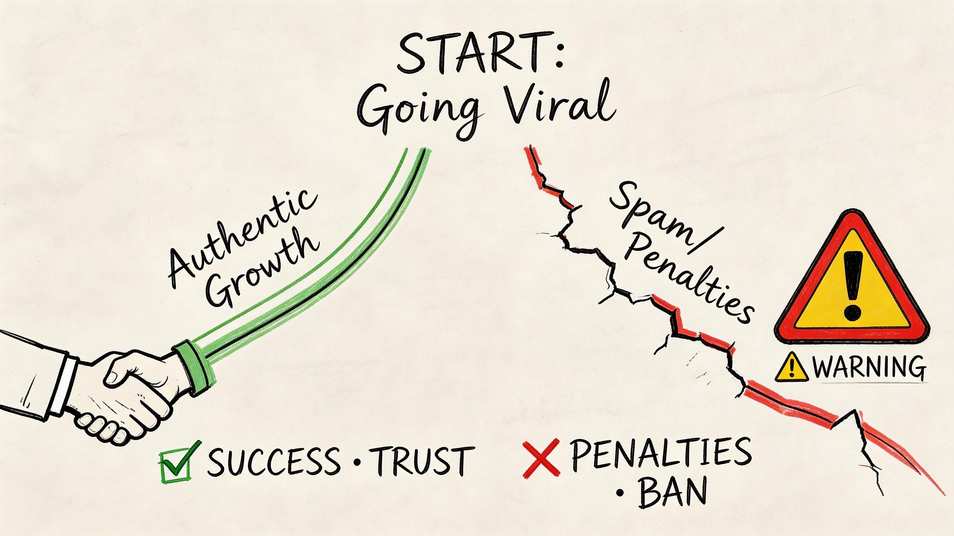 A conceptual diagram contrasting authentic growth versus spam and penalties when aiming for viral online content.