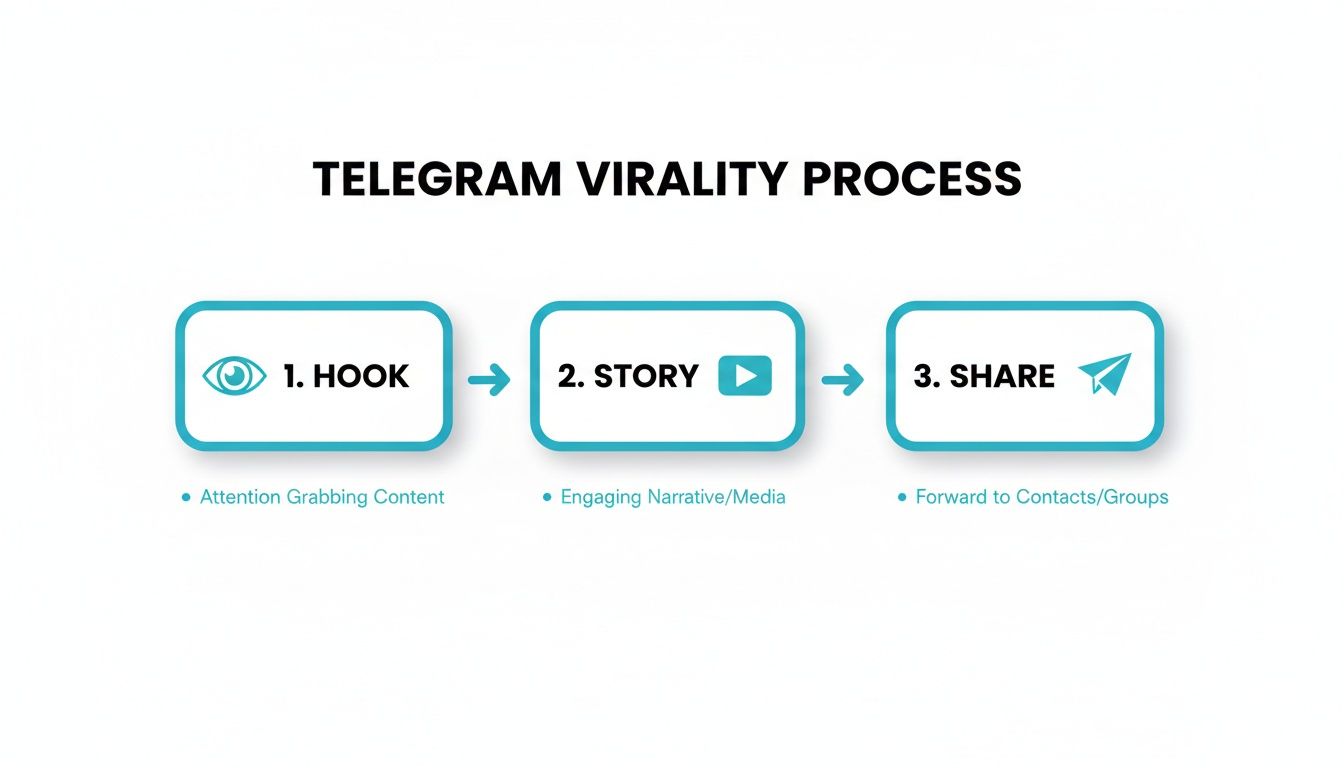 Diagram showing the Telegram virality process: 1. Hook (attention-grabbing), 2. Story (engaging narrative), 3. Share (forward to contacts).