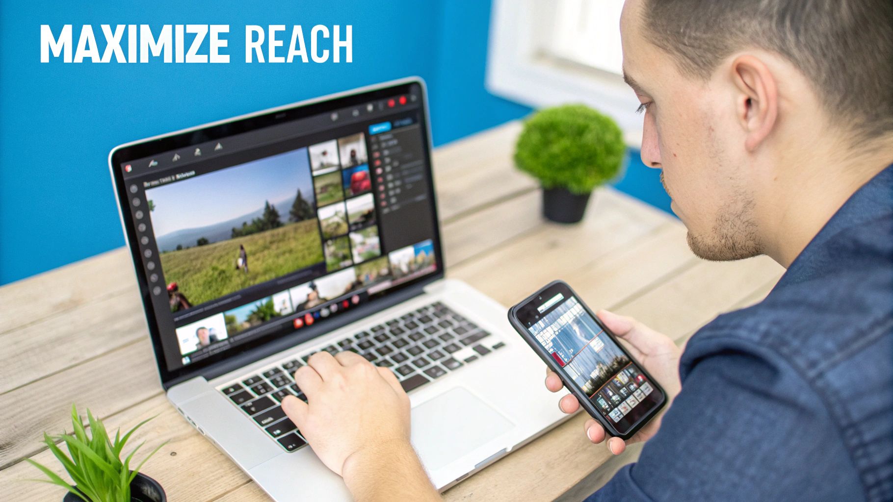 A person uses a laptop and smartphone, managing video content to maximize online reach.