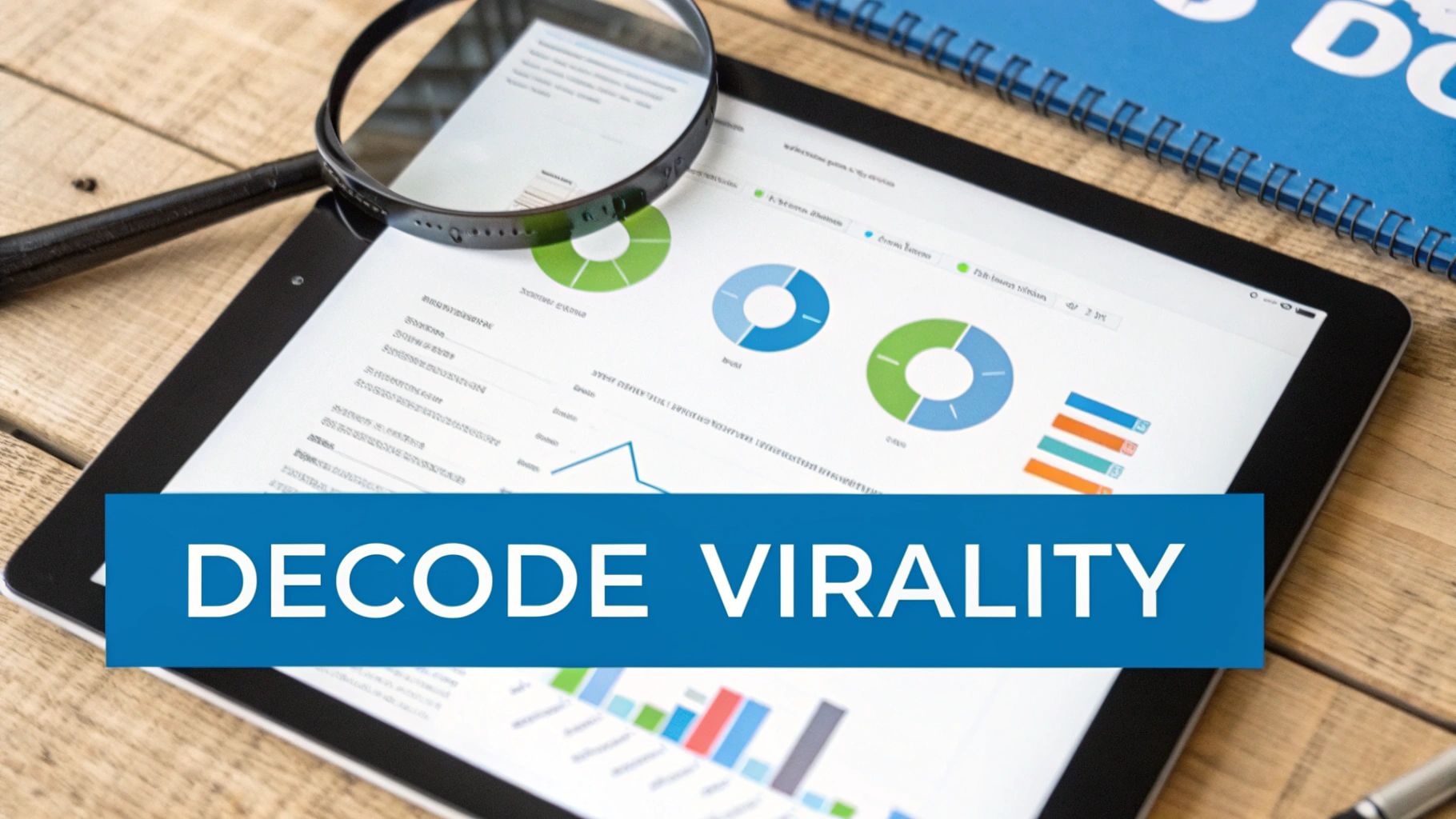 A tablet displaying data analytics charts and graphs with a magnifying glass and 'DECODE VIRALITY' banner.