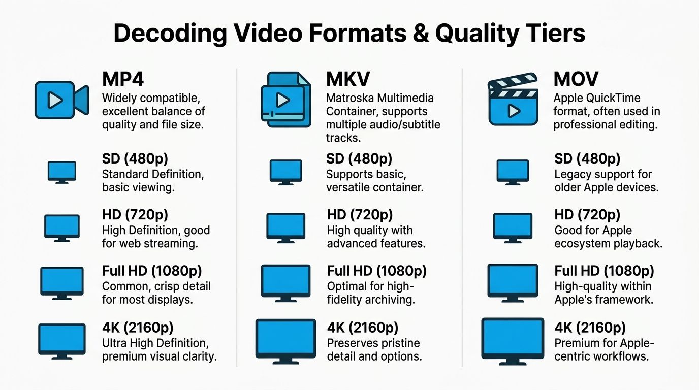 A comparison chart showing features and quality tiers for MP4, MKV, and MOV video file formats.