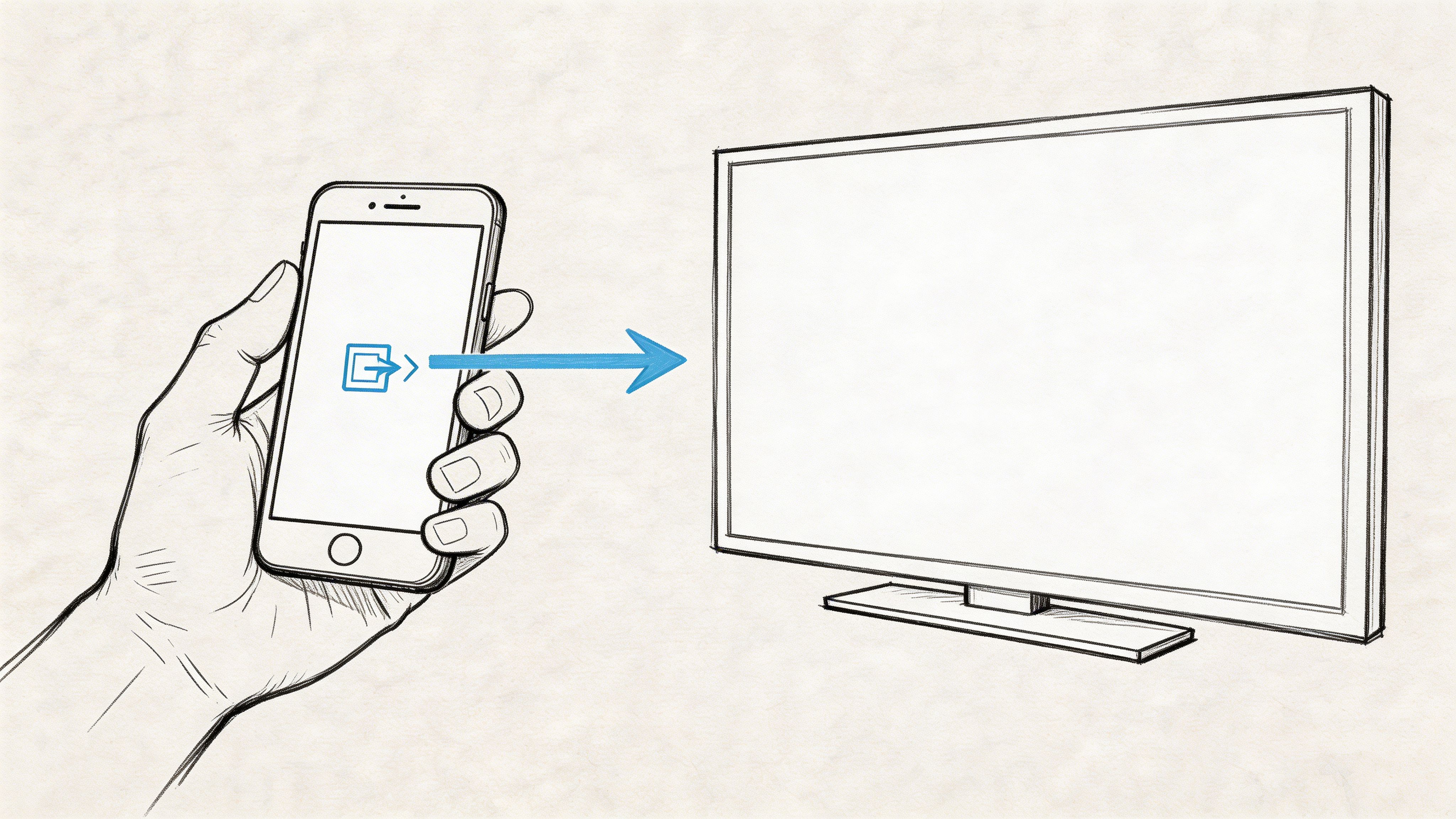 A hand holding a smartphone casting content to a blank flat screen television monitor.