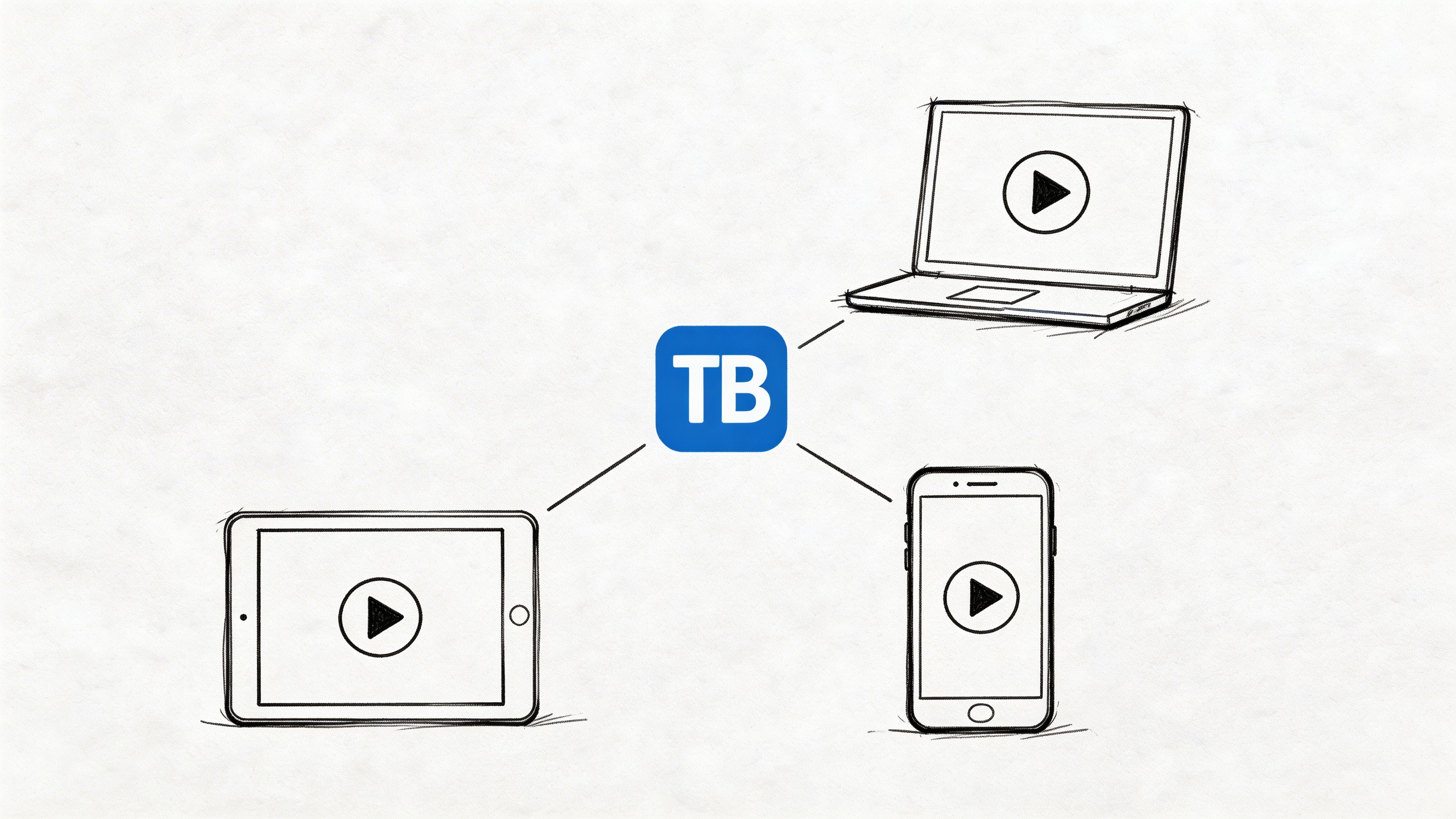 A central TeraBox icon connecting to a laptop, tablet, and smartphone displaying video play buttons.