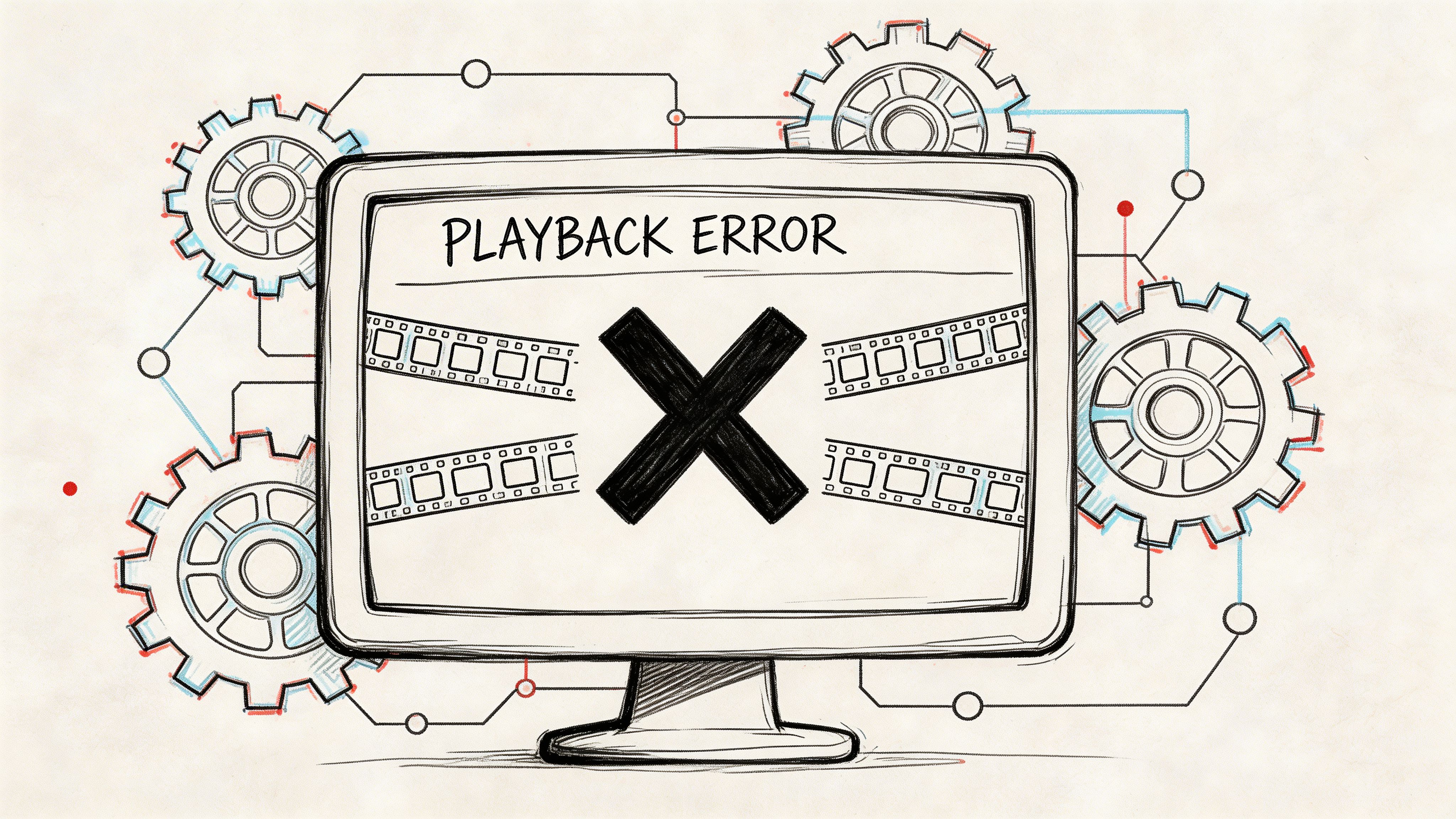 A hand-drawn illustration of a computer monitor displaying a playback error sign with broken film strips.