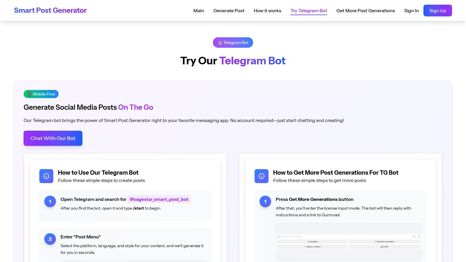 Smart Post Generator – Telegram Bot (@sagestar_smart_post_bot)