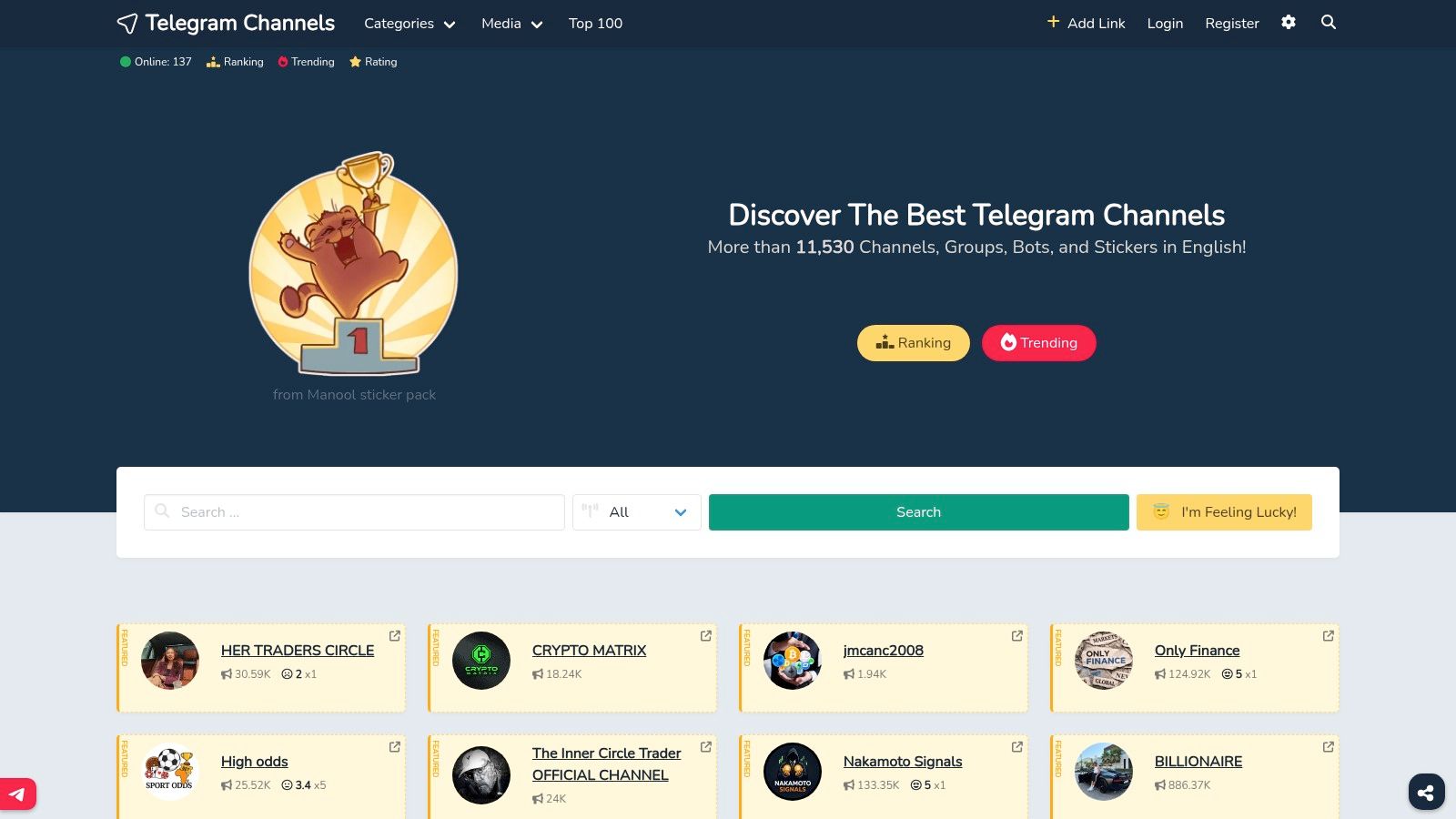 A screenshot of the TelegramChannels.me website showing its directory interface with filters for categories, sorting options, and a list of channels with their avatars, names, and subscriber counts.