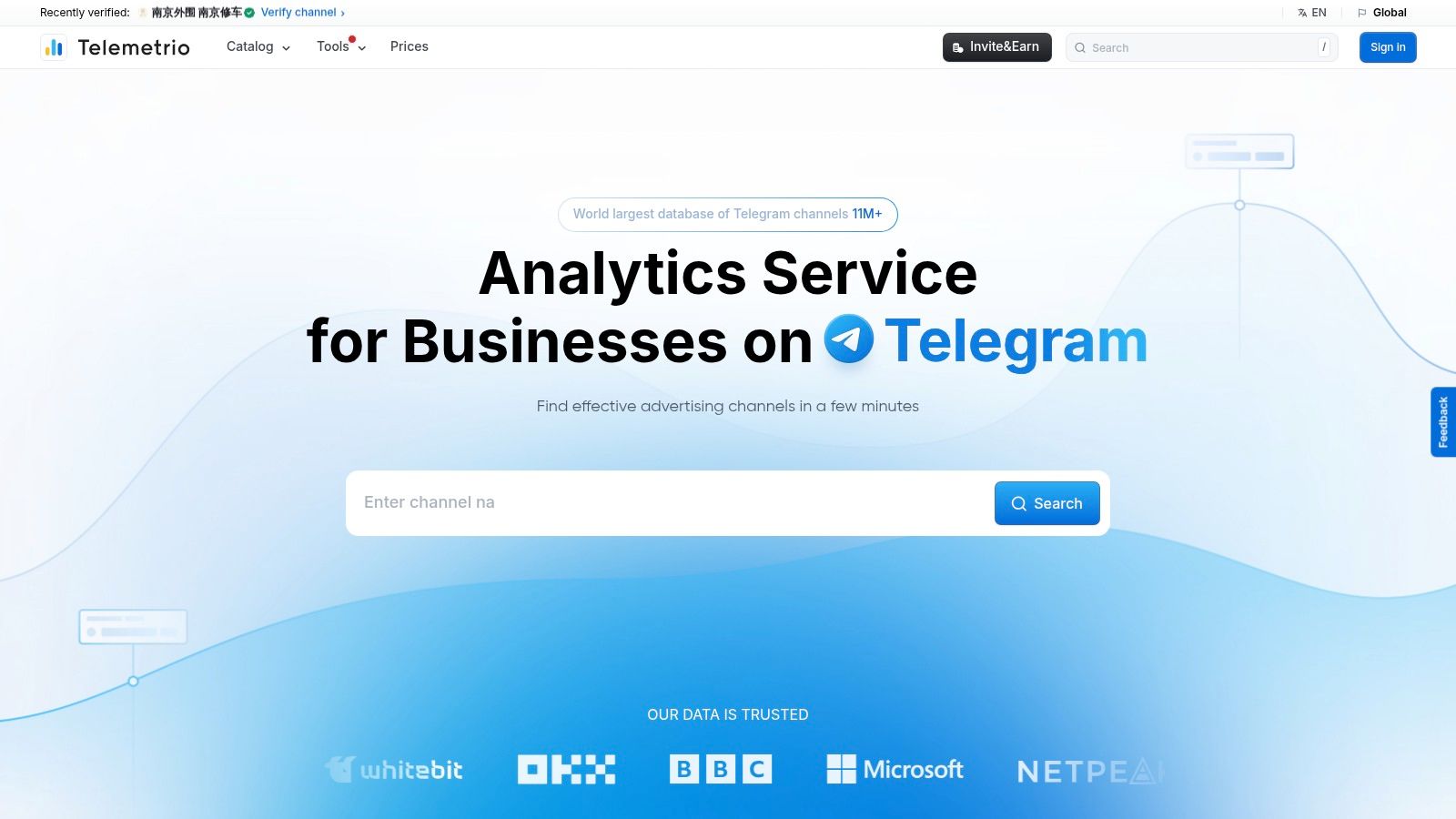 A screenshot of the Telemetr.io website showing a dashboard with channel rankings, search filters, and analytics graphs.