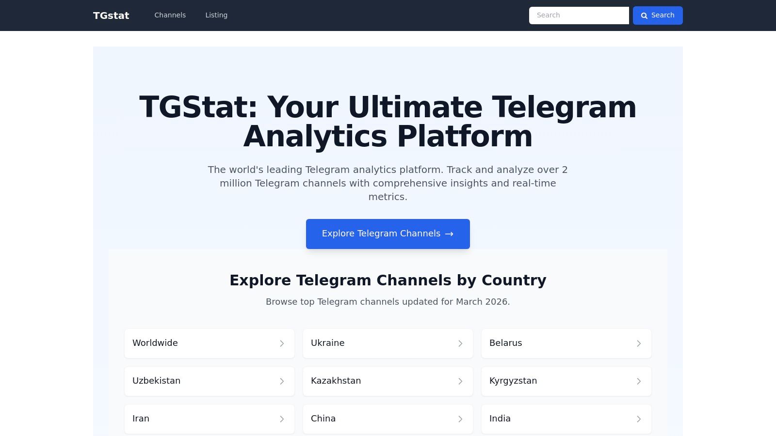 A screenshot of the TGStat website showing a list of top Telegram channels with their subscriber counts, growth rates, and engagement metrics.