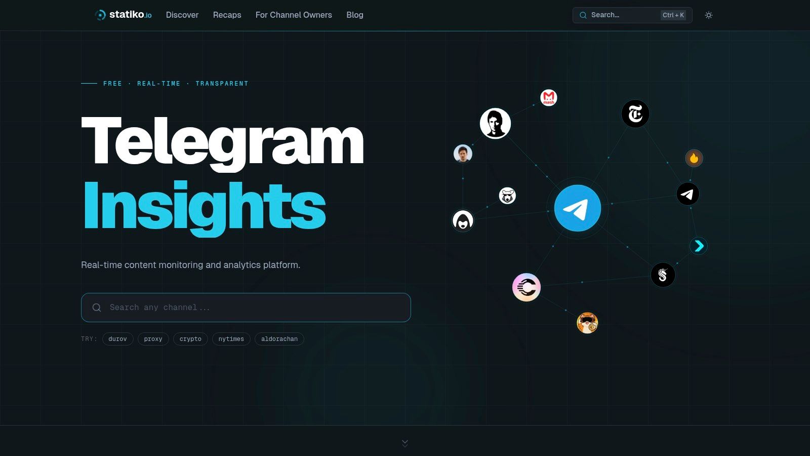 Statiko dashboard showing AI-powered insights and channel analytics for Telegram
